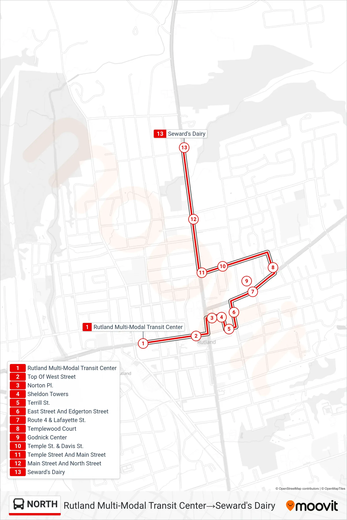 NORTH bus Line (Rutland Multi-Modal Transit Center‎→Seward's Dairy) route and stops on a map