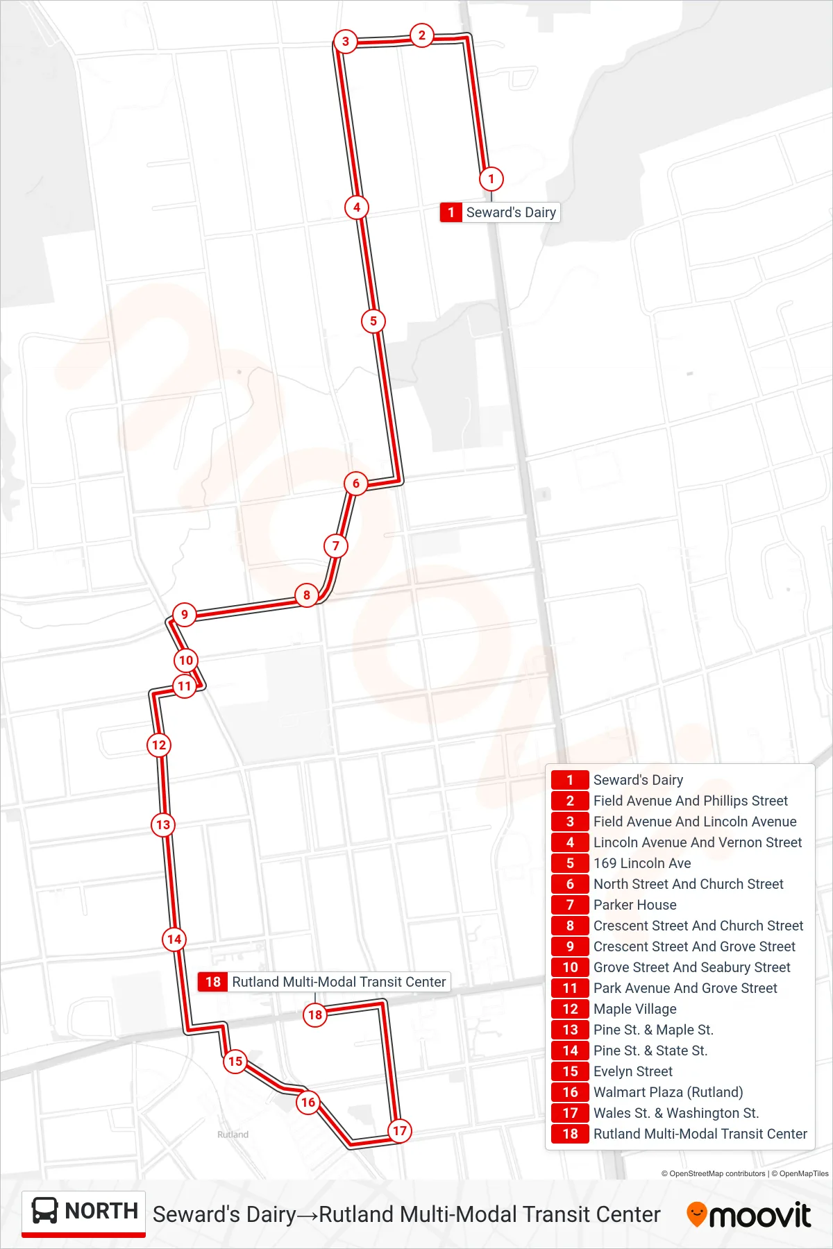 NORTH bus Line (Seward's Dairy‎→Rutland Multi-Modal Transit Center) route and stops on a map