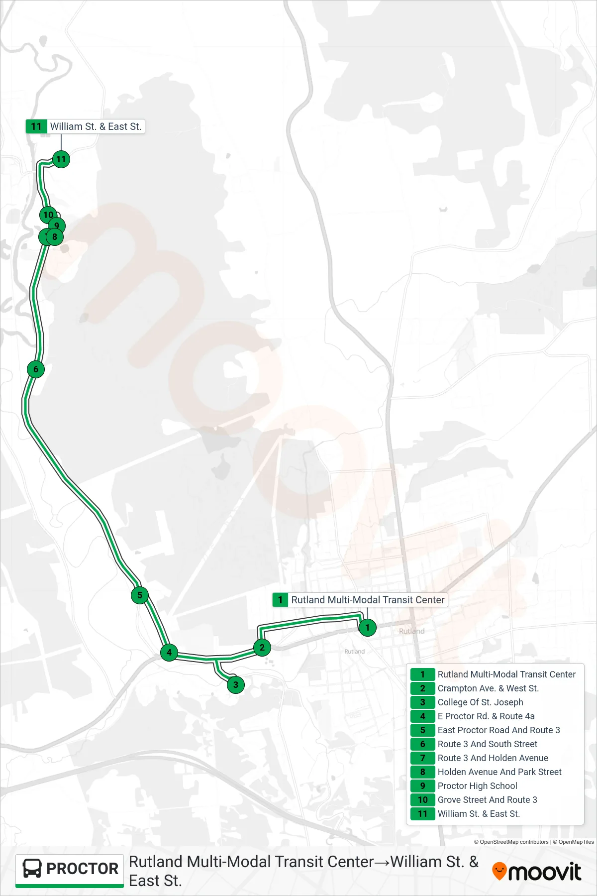 PROCTOR bus Line (Rutland Multi-Modal Transit Center→William St. & East St.) route and stops on a map