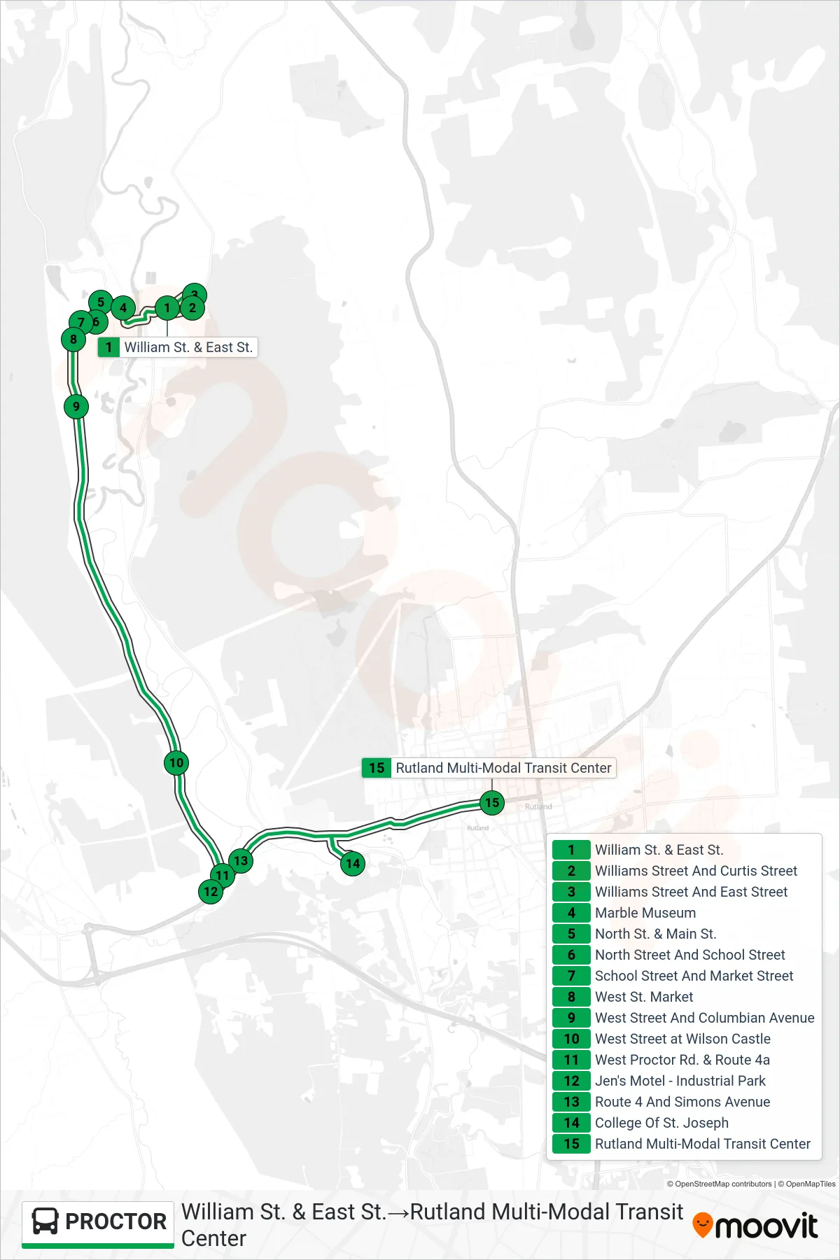 PROCTOR bus Line (William St. & East St.→Rutland Multi-Modal Transit Center) route and stops on a map