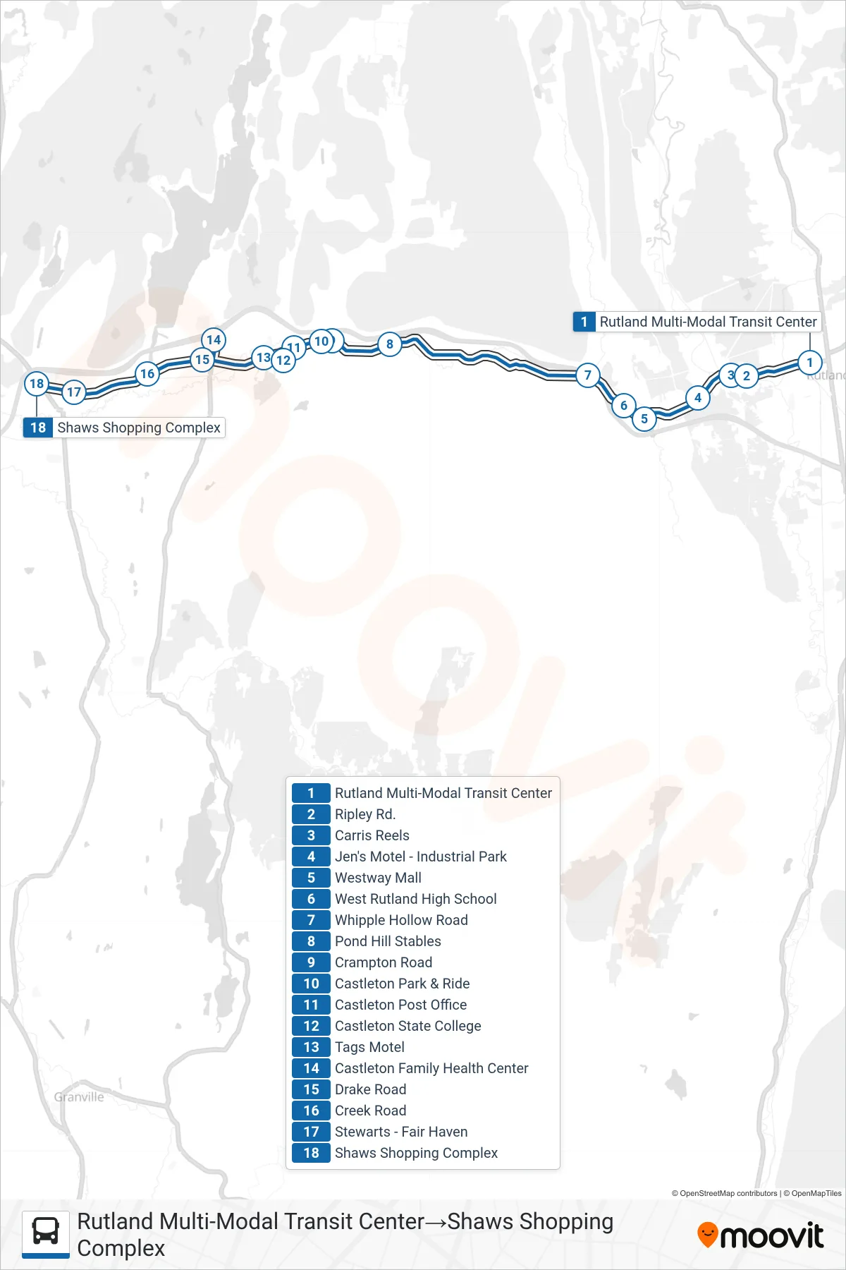 FAIR HAVEN bus Line (Rutland Multi-Modal Transit Center→Shaws Shopping Complex) route and stops on a map