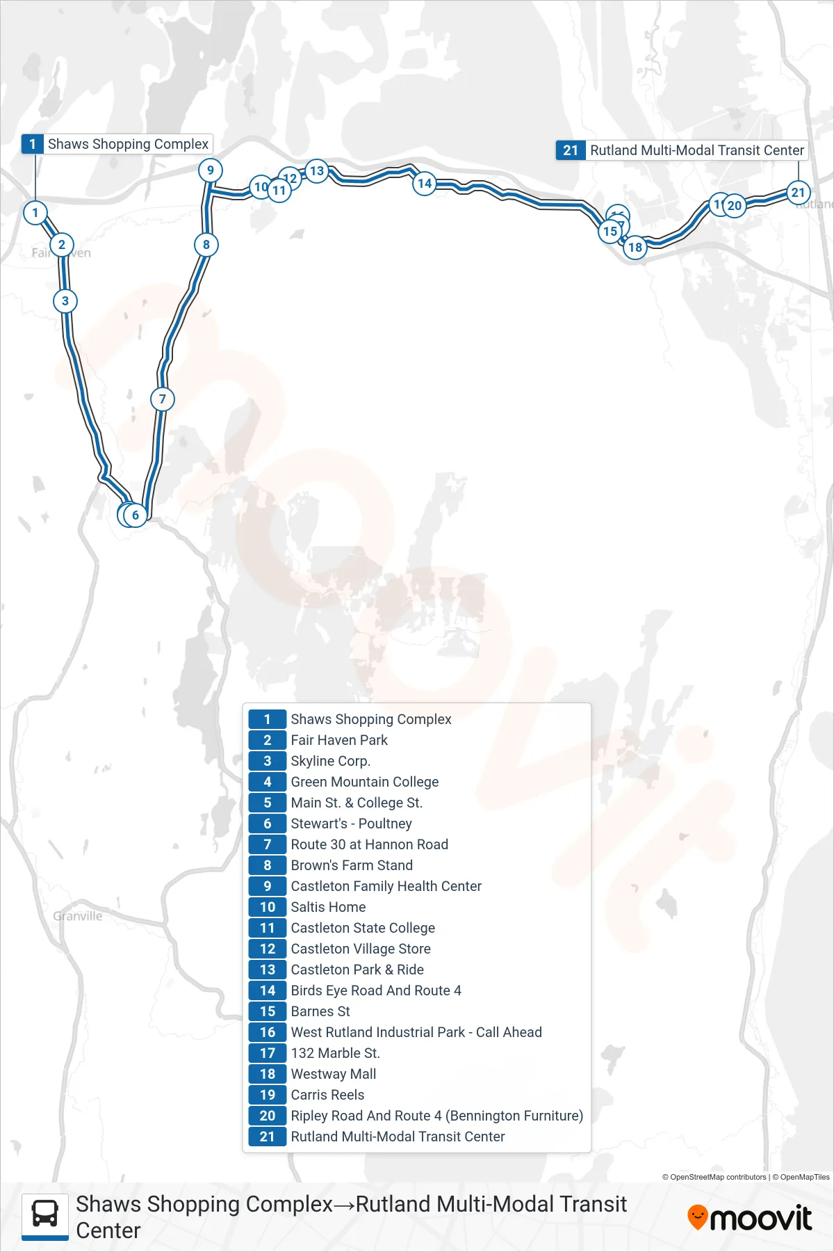 FAIR HAVEN bus Line (Shaws Shopping Complex→Rutland Multi-Modal Transit Center) route and stops on a map