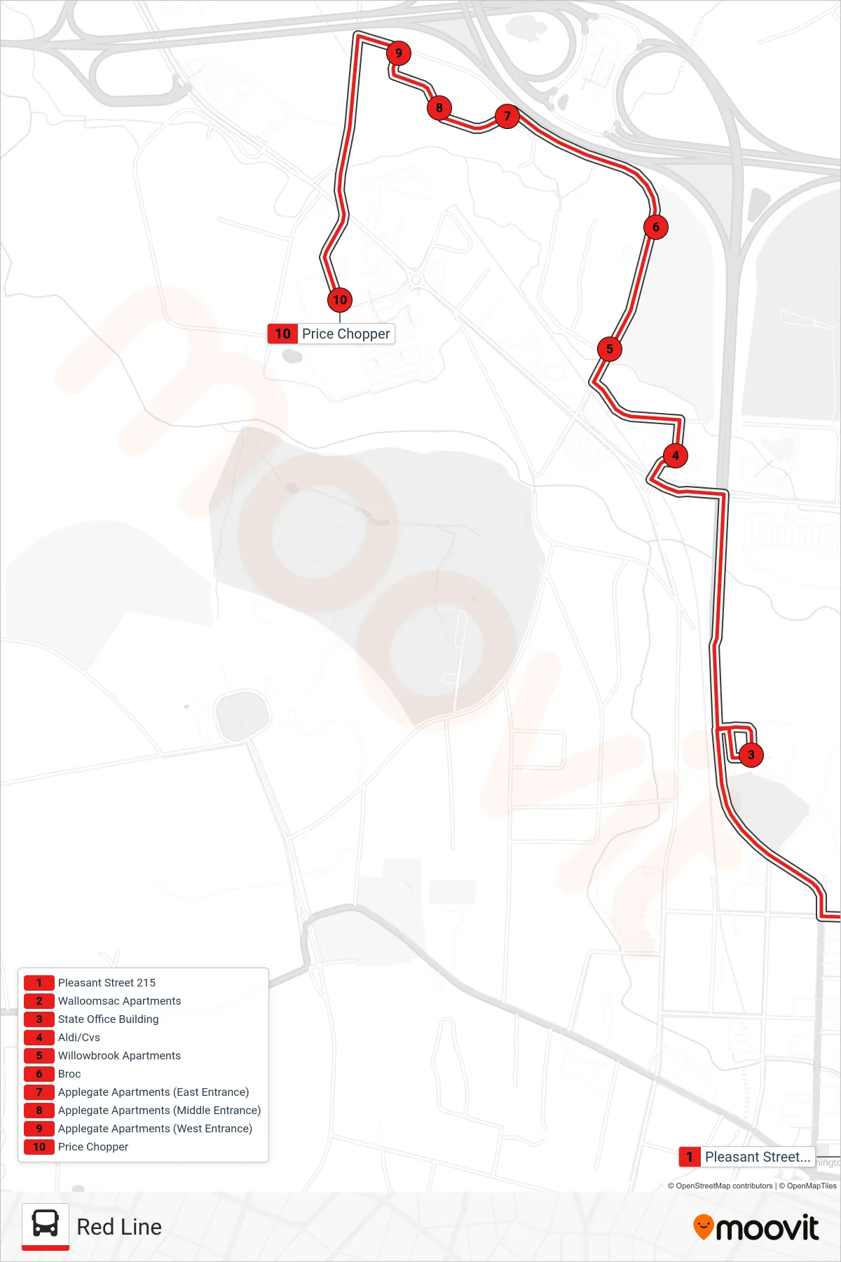 RED LINE bus Line (Bus Terminal at 215 Pleasant St.→Price Chopper) route and stops on a map