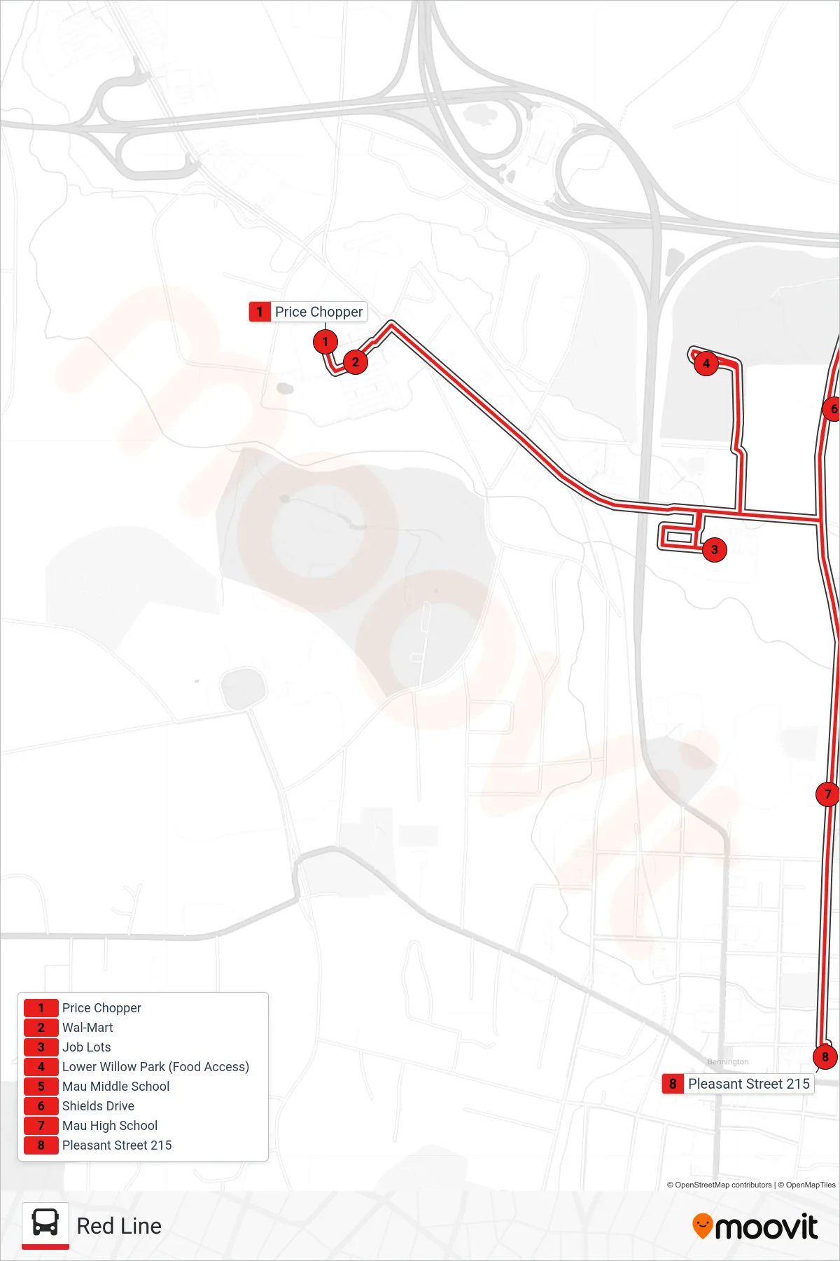 RED LINE bus Line (Price Chopper→Bus Terminal at 215 Pleasant St.) route and stops on a map