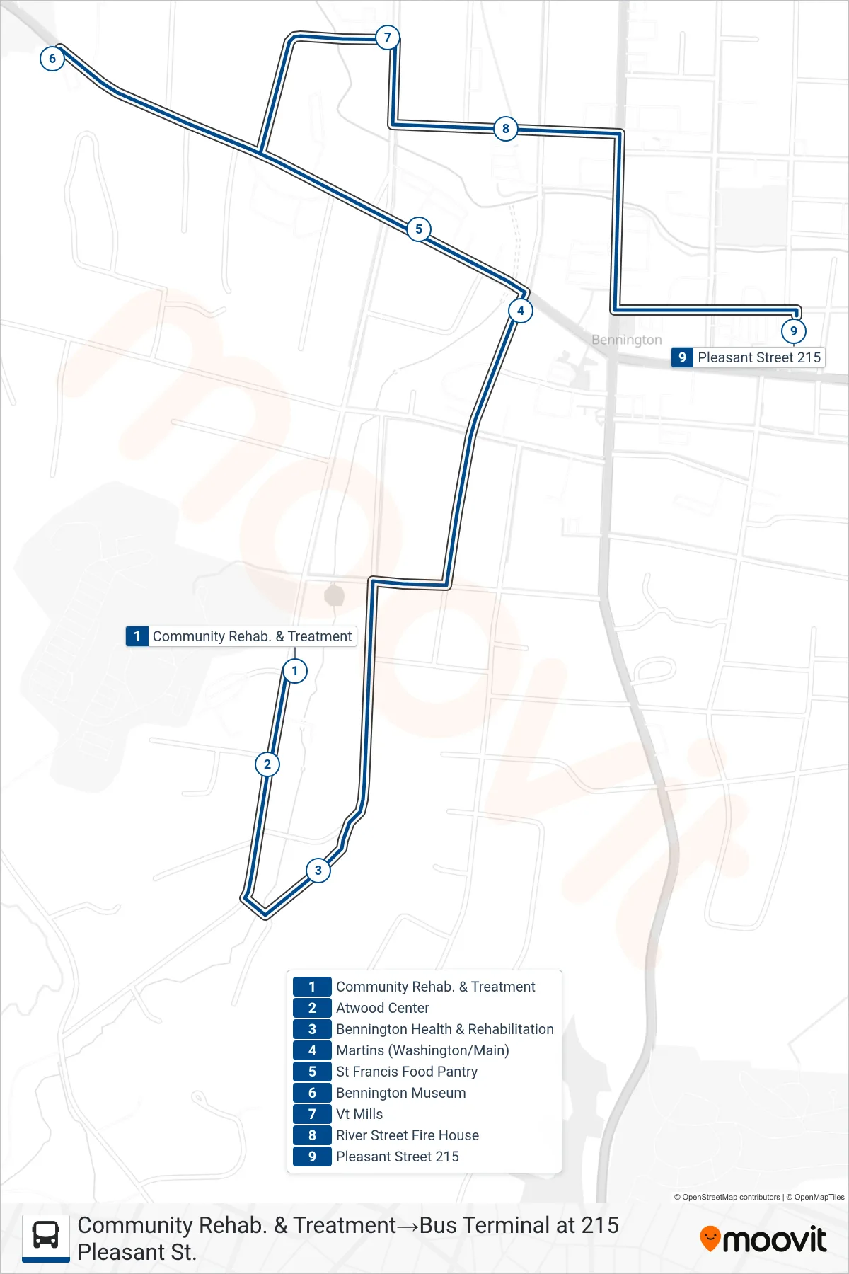 BLUE LINE bus Line (Community Rehab. & Treatment‎→Bus Terminal at 215 Pleasant St.) route and stops on a map