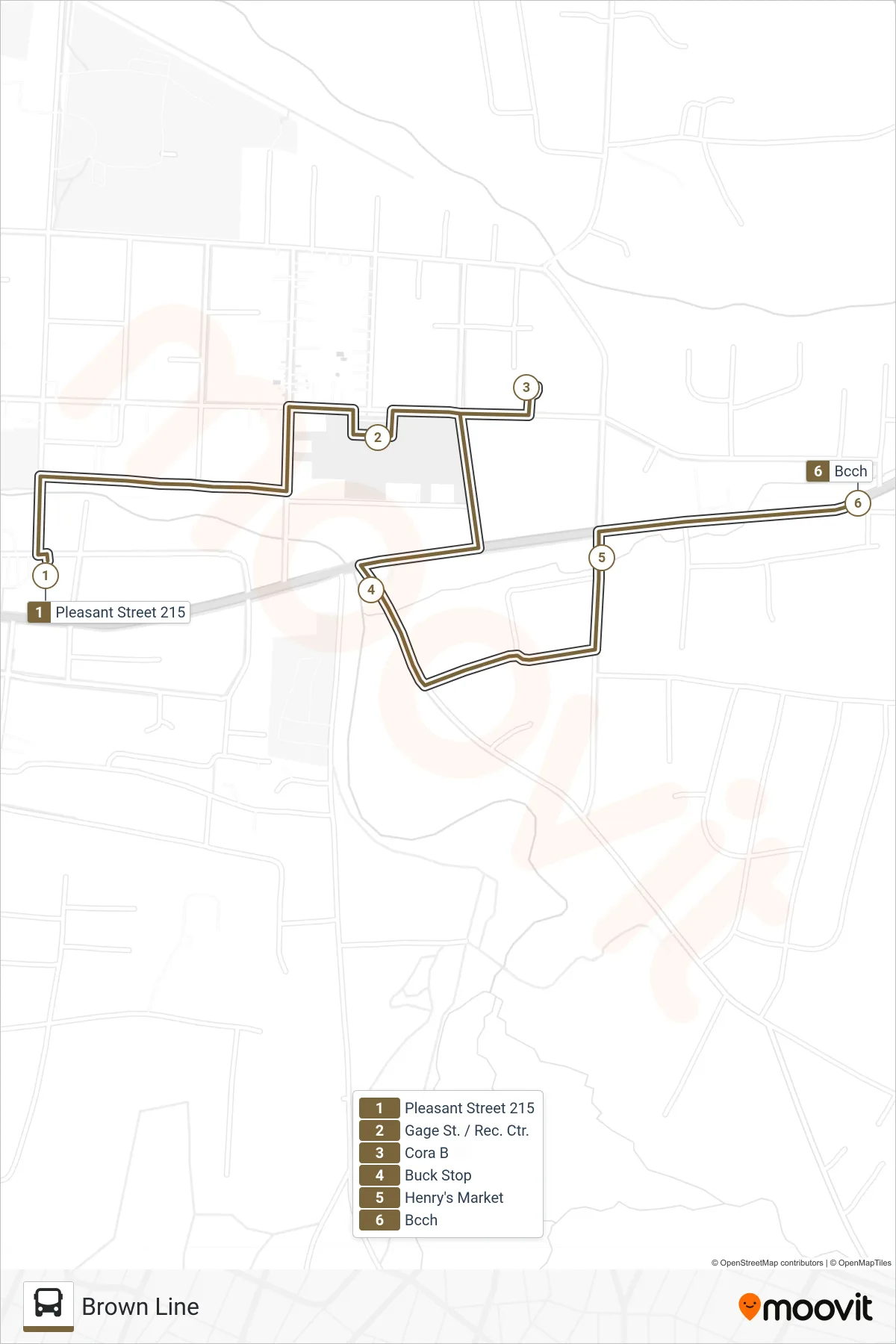 BROWN LINE bus Line (Bus Terminal at 215 Pleasant St.‎→Bcch) route and stops on a map