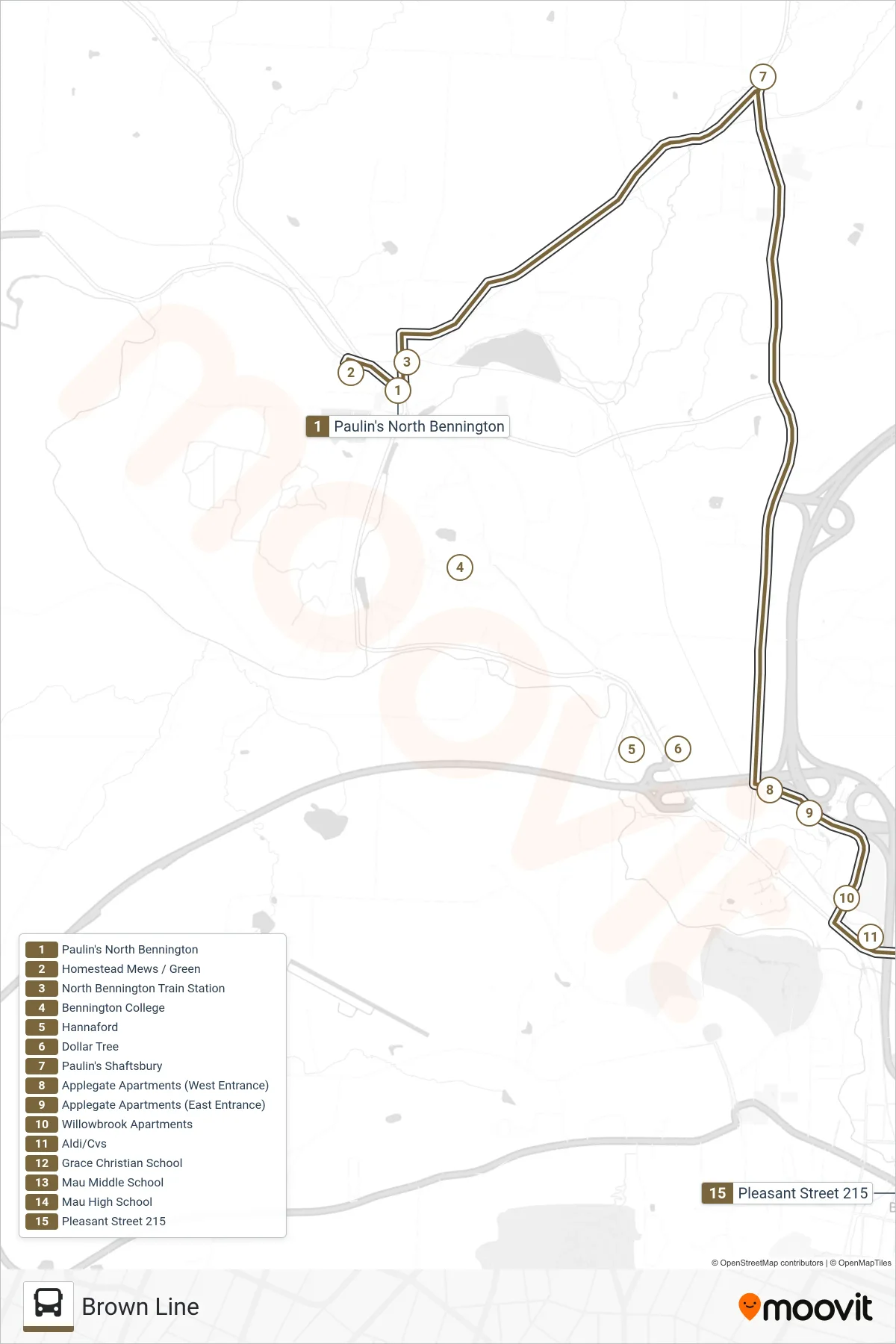 BROWN LINE bus Line (Paulin's North Bennington→Bus Terminal at 215 Pleasant St.) route and stops on a map