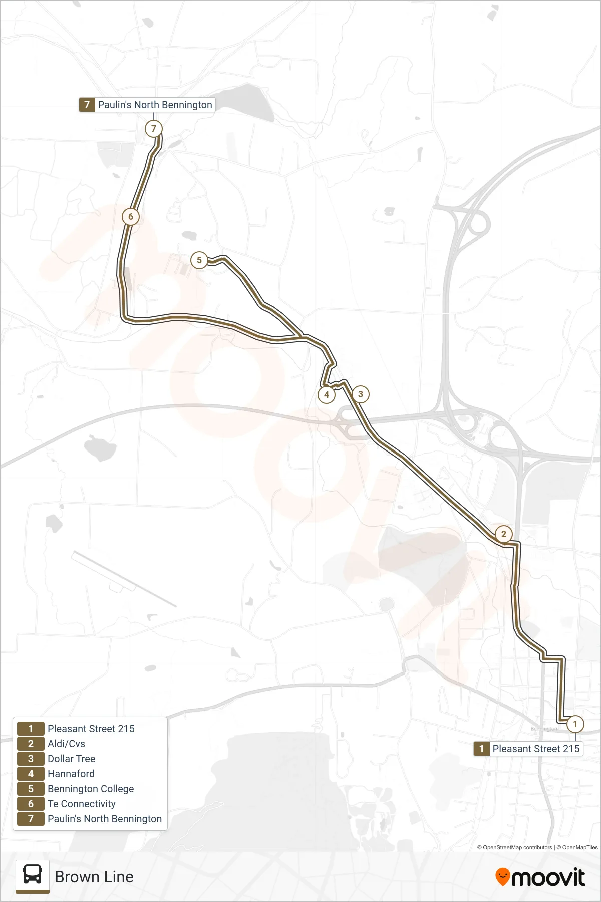 BROWN LINE bus Line (Bus Terminal at 215 Pleasant St.‎→Paulin's North Bennington) route and stops on a map