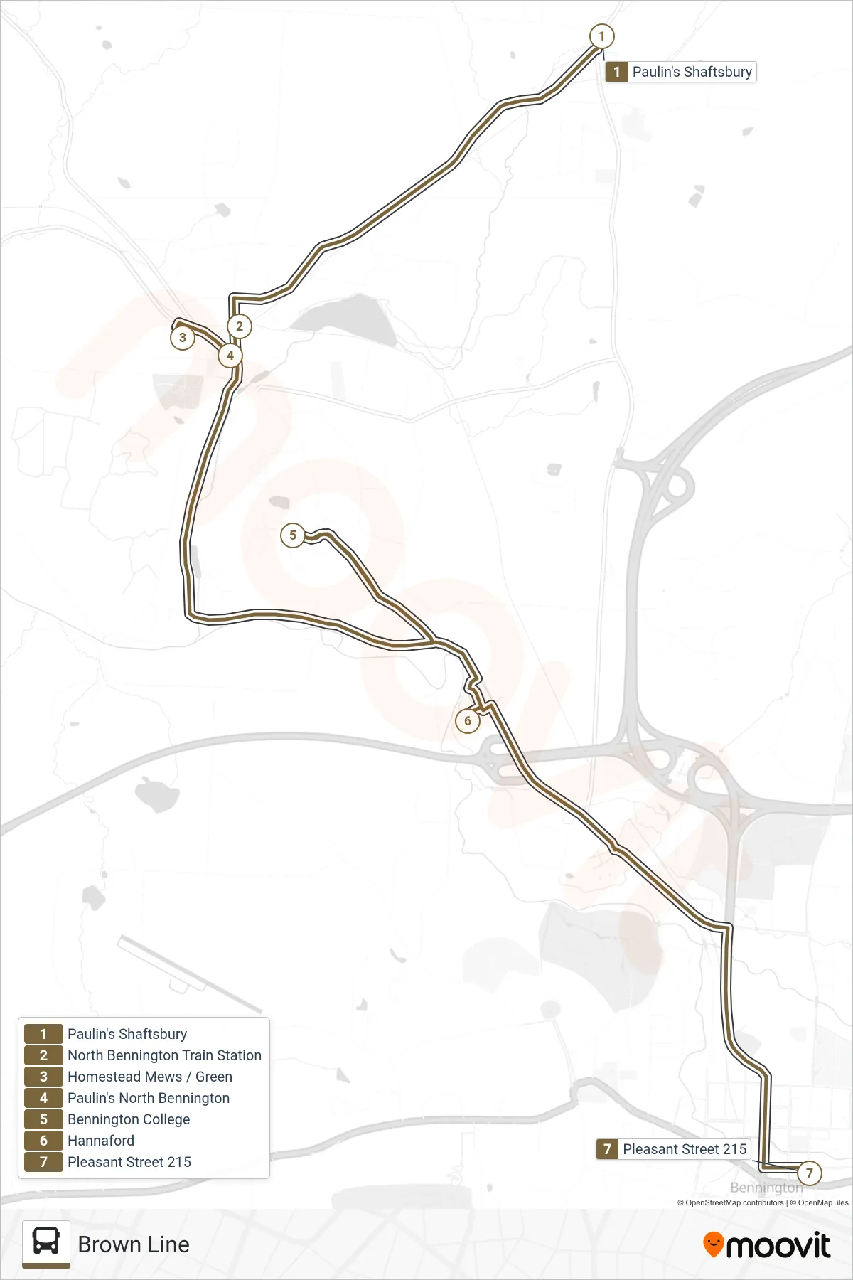 BROWN LINE bus Line (Paulin's Shaftsbury‎→Bus Terminal at 215 Pleasant St.) route and stops on a map