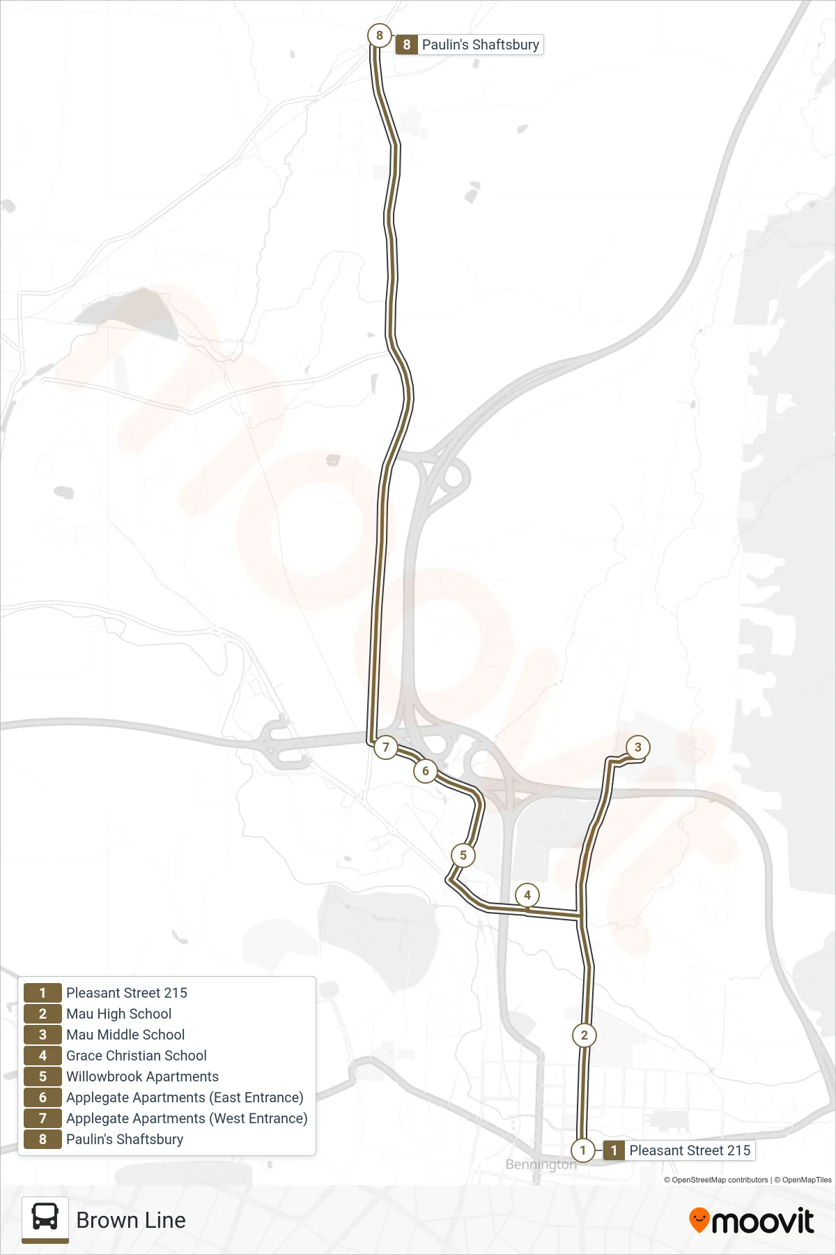 BROWN LINE bus Line (Bus Terminal at 215 Pleasant St.‎→Paulin's Shaftsbury) route and stops on a map