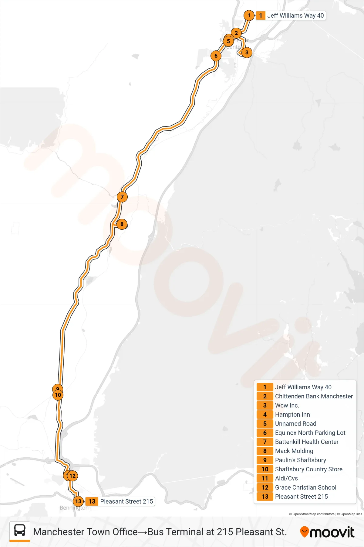 ORANGE LINE bus Line (Manchester Town Office‎→Bus Terminal at 215 Pleasant St.) route and stops on a map