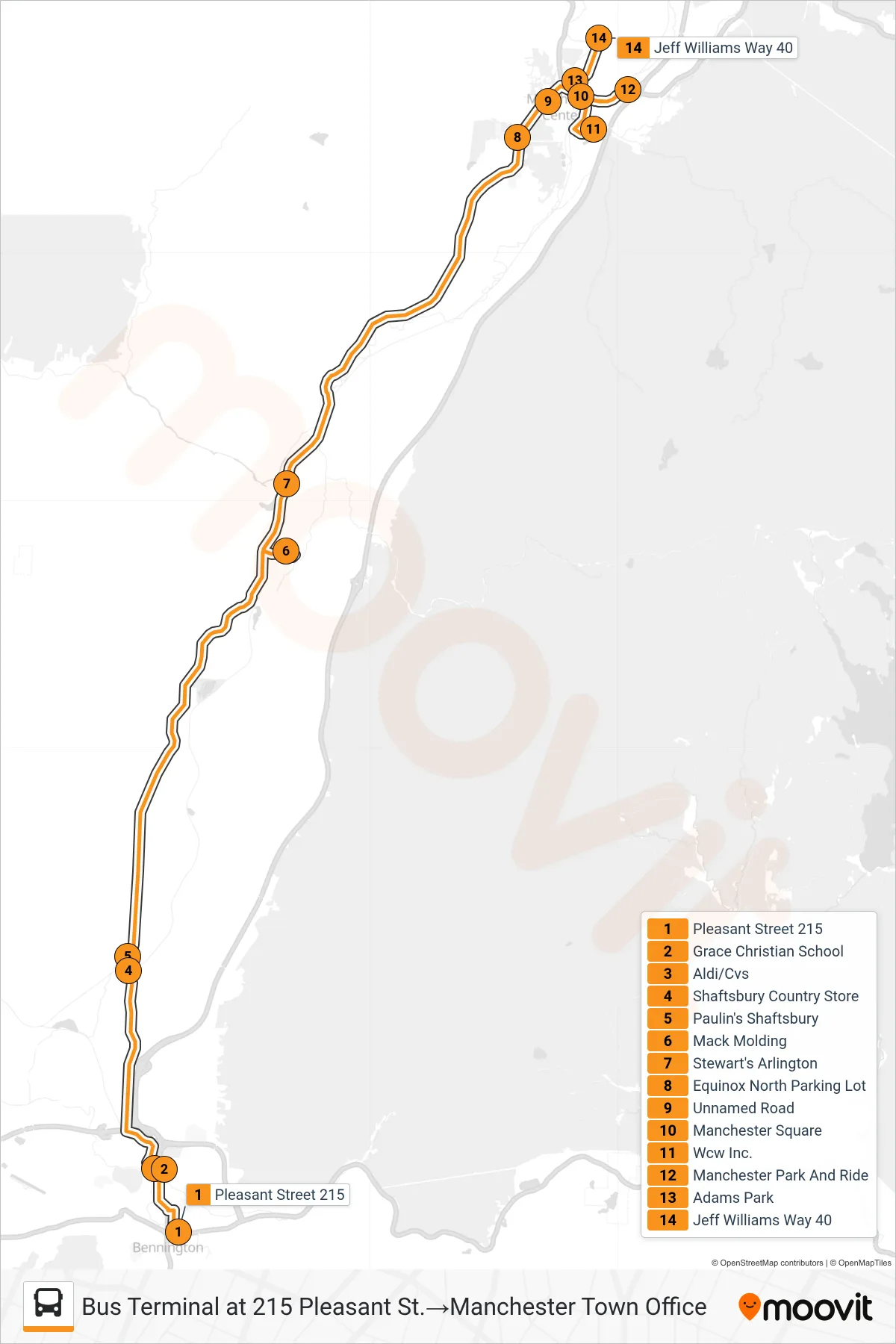ORANGE LINE bus Line (Bus Terminal at 215 Pleasant St.→Manchester Town Office) route and stops on a map
