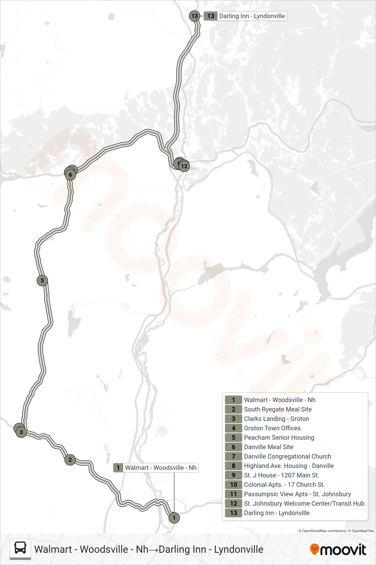 GREENLEAF bus Line (Walmart - Woodsville - Nh→Darling Inn - Lyndonville) route and stops on a map