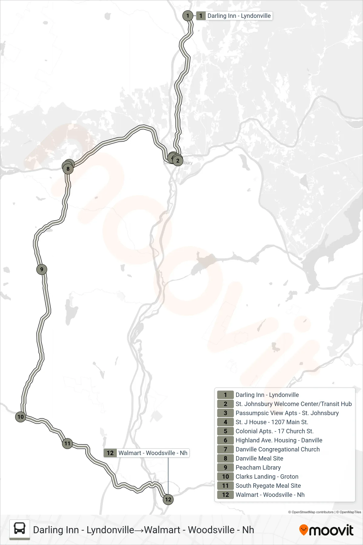 GREENLEAF bus Line (Darling Inn - Lyndonville→Walmart - Woodsville - Nh) route and stops on a map