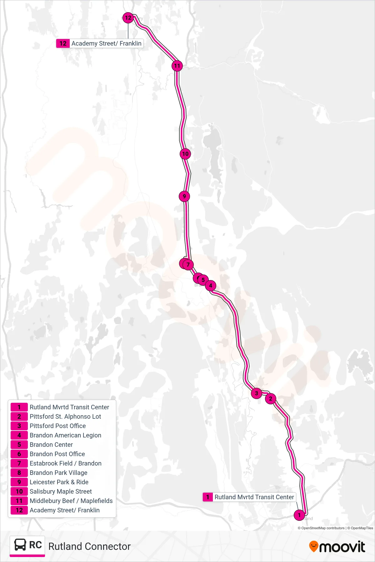 RC bus Line (Rutland Mvrtd Transit Center→Academy Street) route and stops on a map