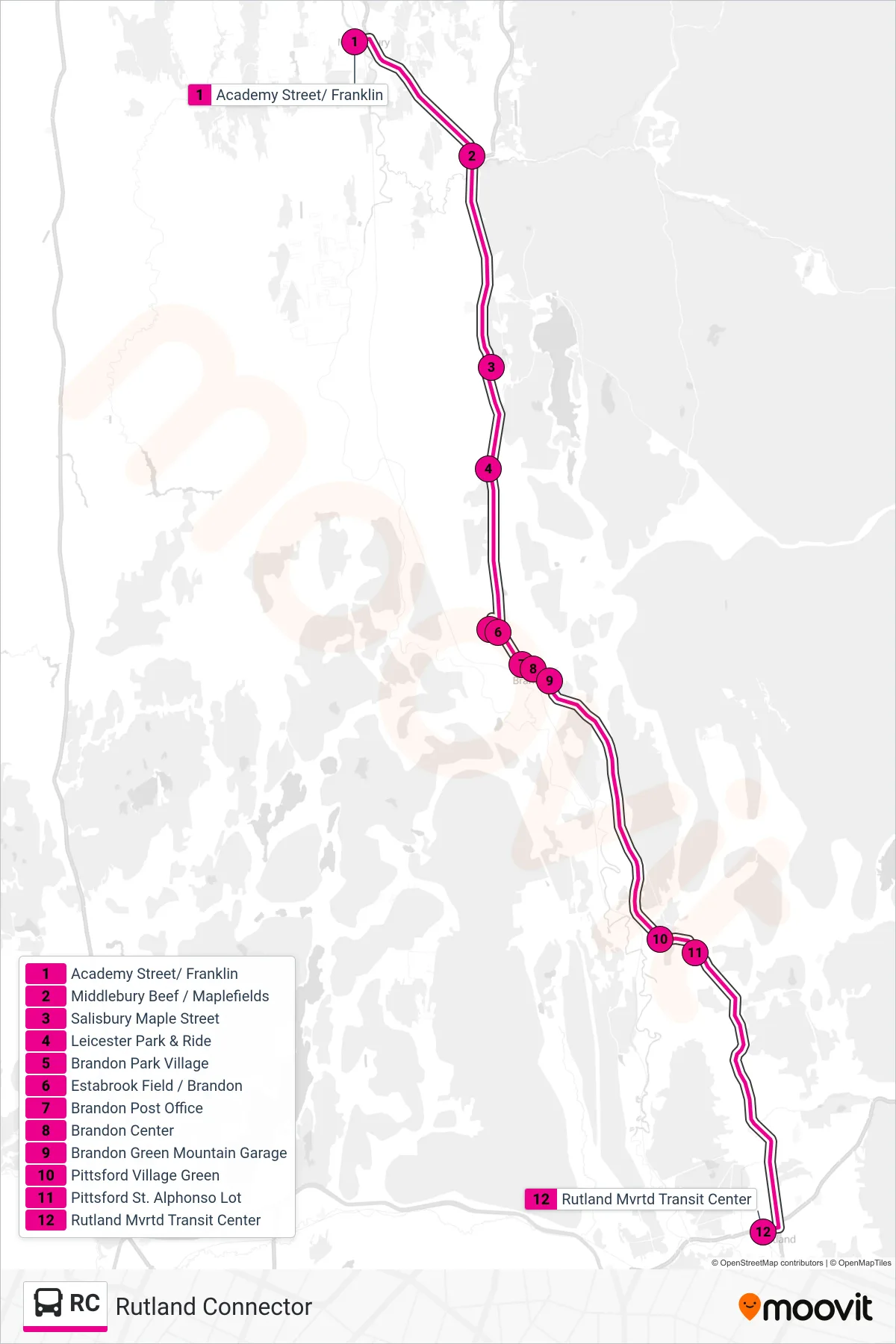 RC bus Line (Academy Street‎→Rutland Mvrtd Transit Center) route and stops on a map
