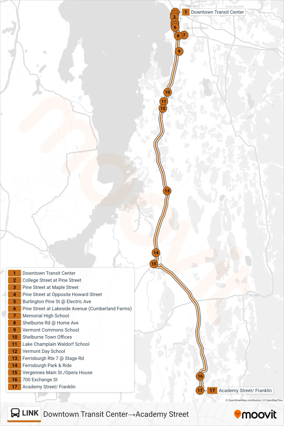 LINK bus Line (Downtown Transit Center→Academy Street) route and stops on a map