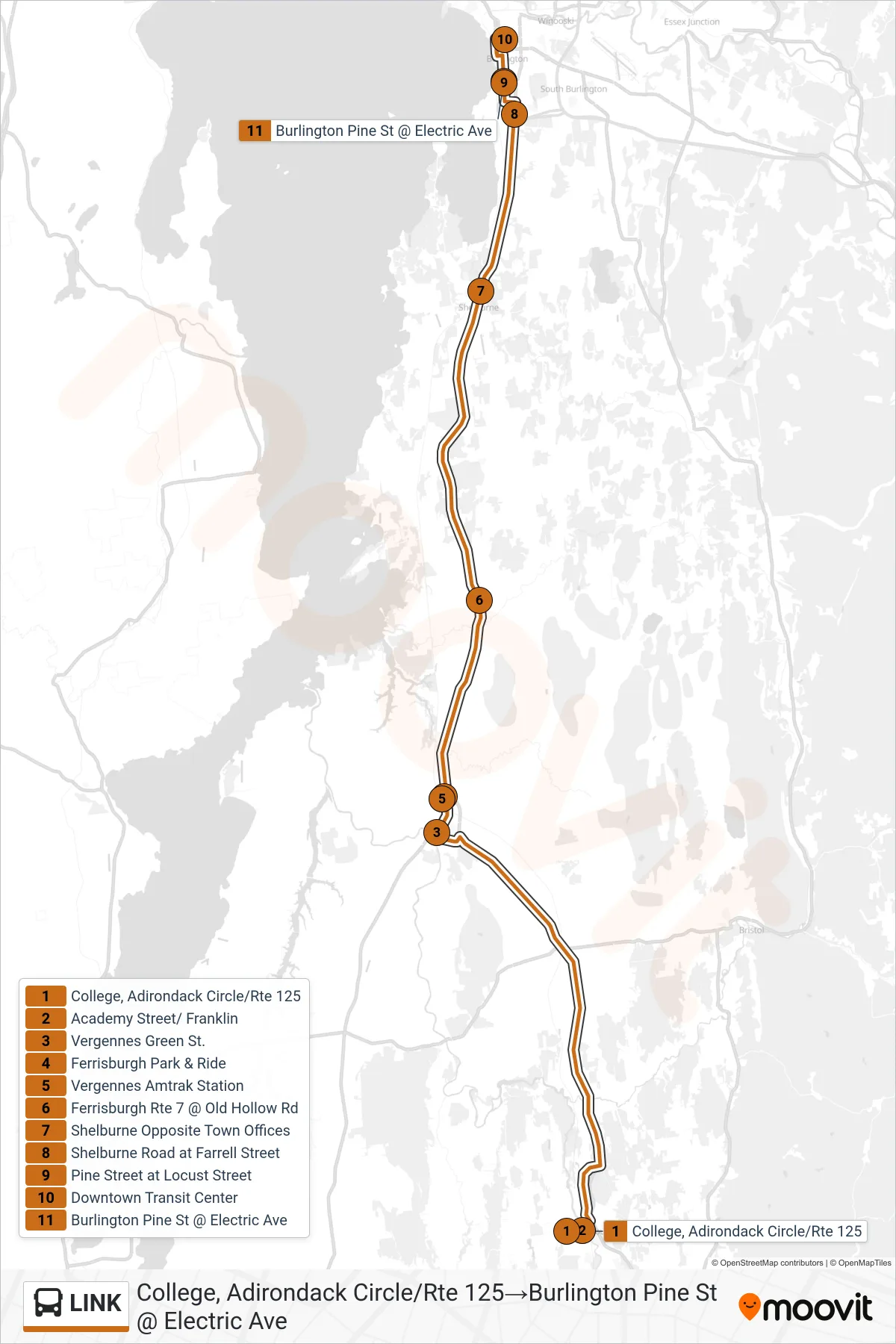 LINK bus Line (College, Adirondack Circle/Rte 125‎→Burlington Pine St @ Electric Ave) route and stops on a map