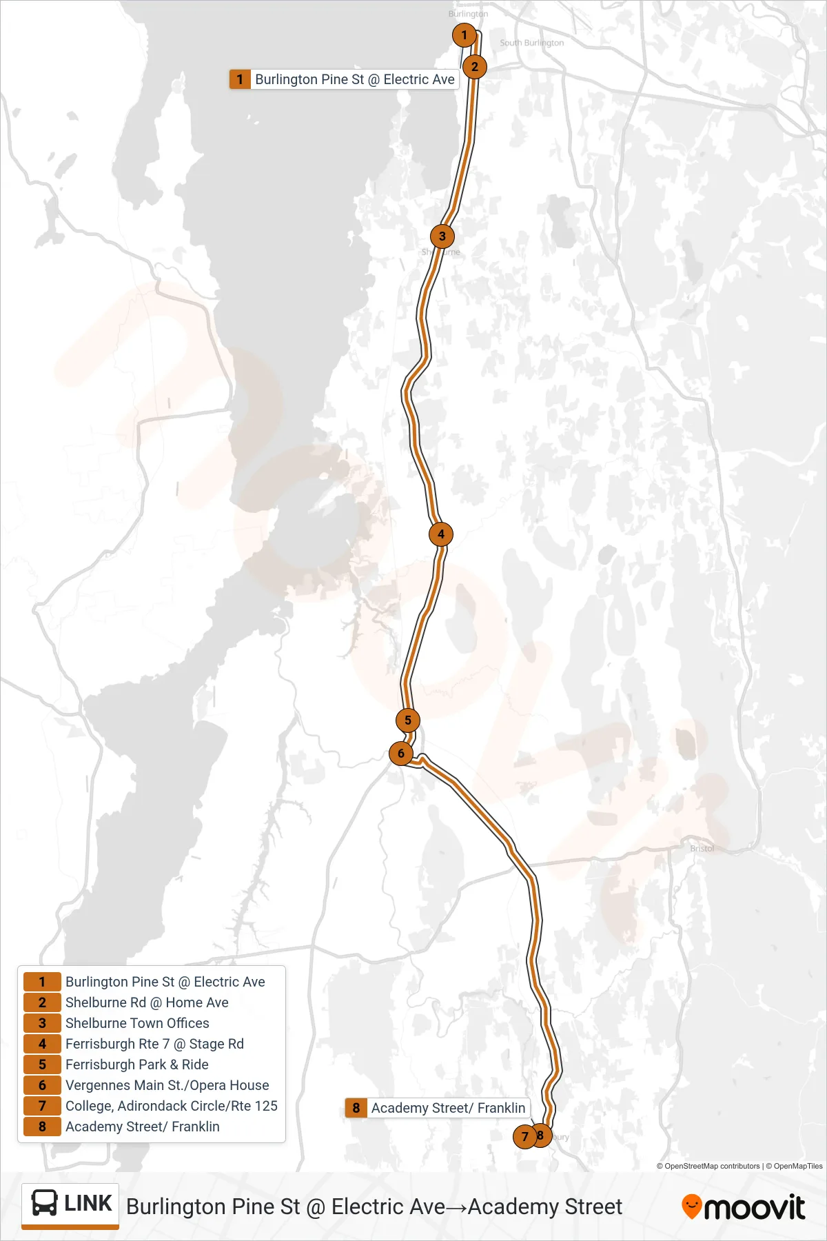 LINK bus Line (Burlington Pine St @ Electric Ave→Academy Street) route and stops on a map