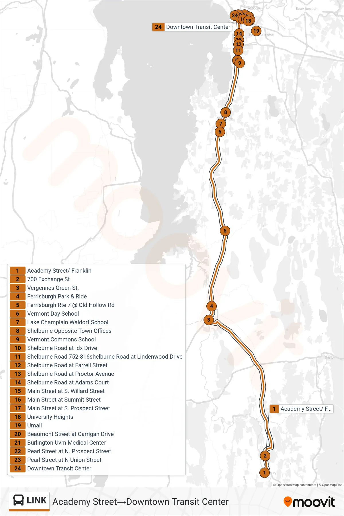 LINK bus Line (Academy Street→Downtown Transit Center) route and stops on a map