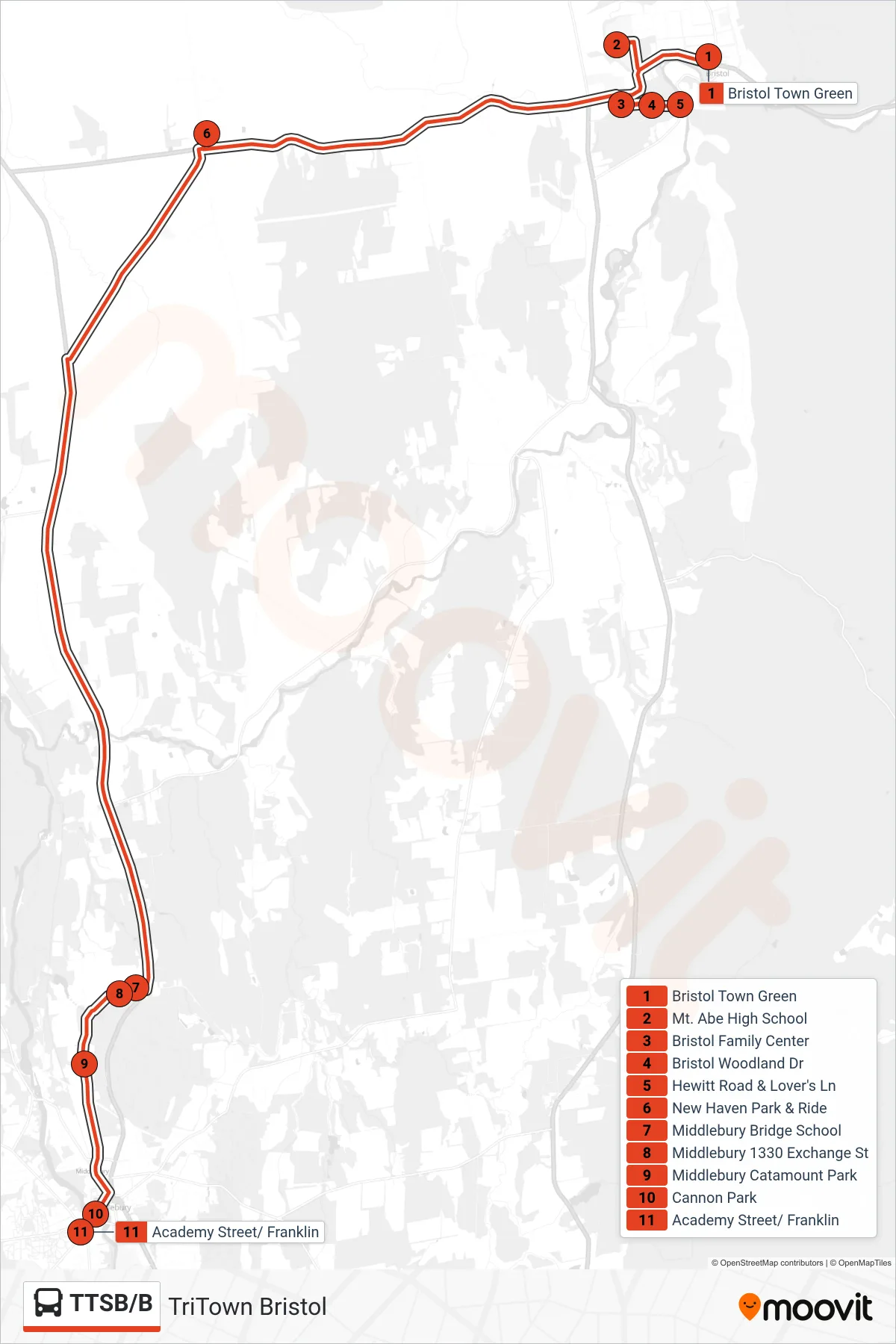 TTSB/B bus Line (Bristol Town Green→Academy Street) route and stops on a map