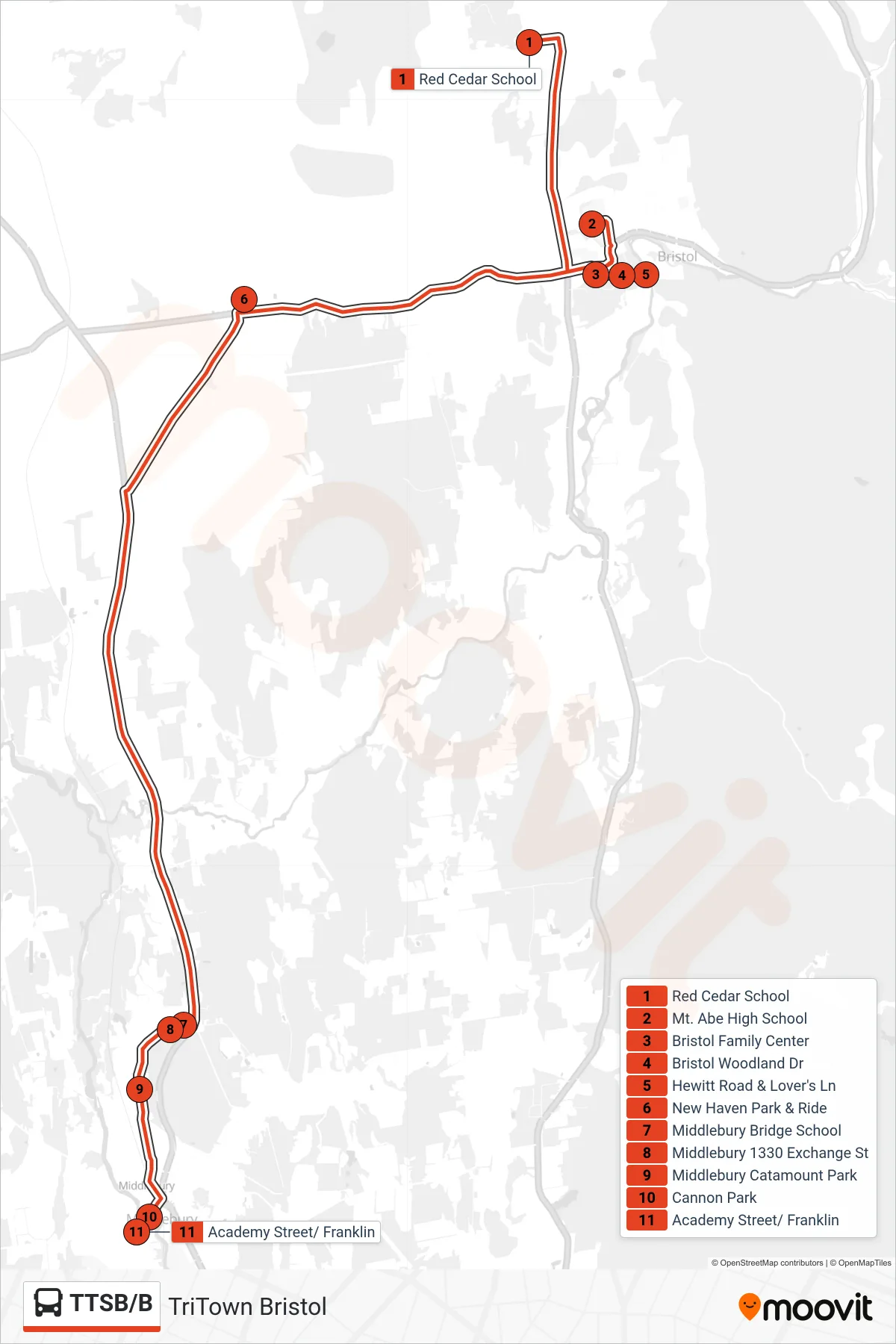 TTSB/B bus Line (Red Cedar School→Academy Street) route and stops on a map