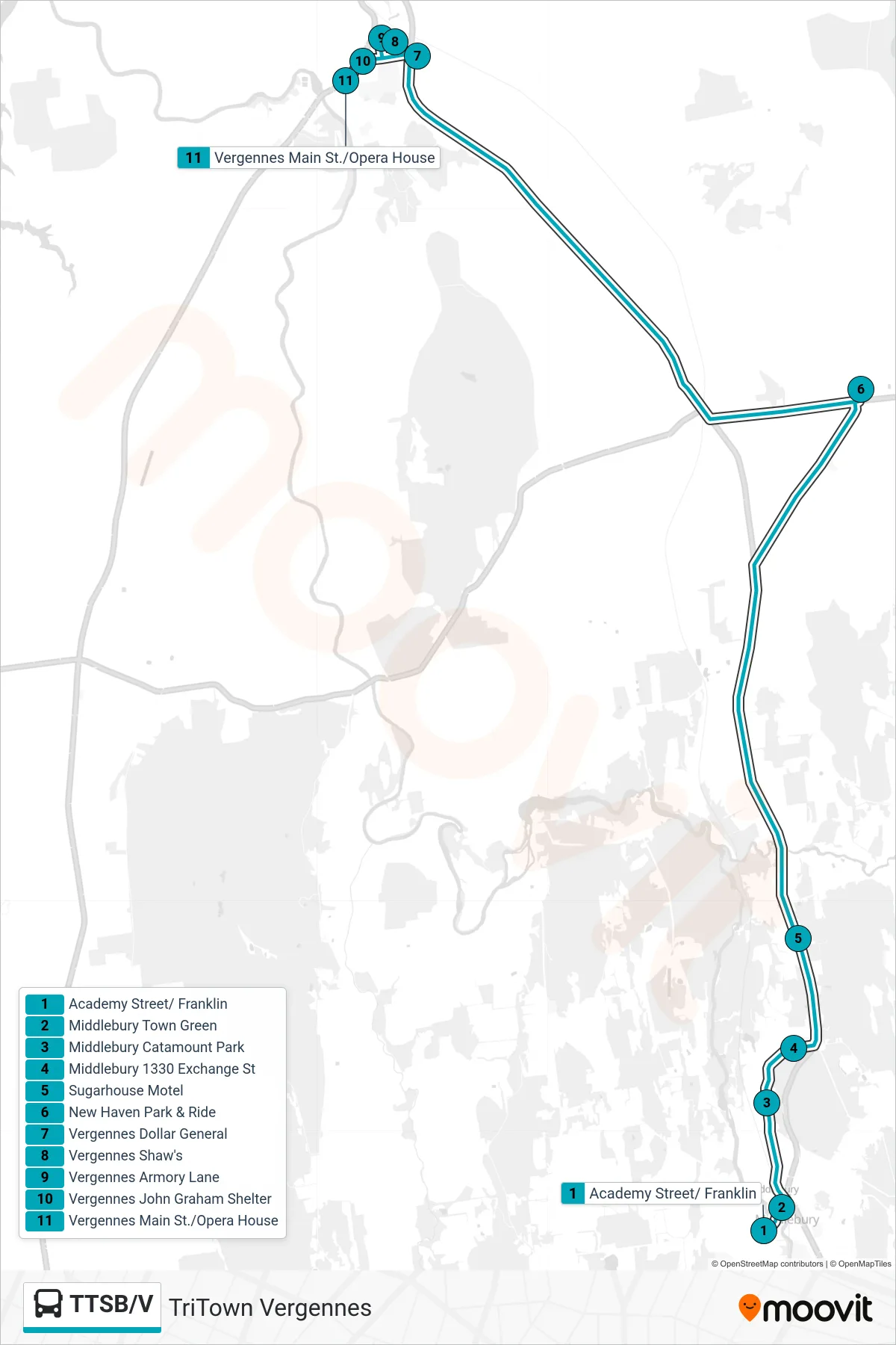 TTSB/V bus Line (Academy Street→Vergennes Main St./Opera House) route and stops on a map