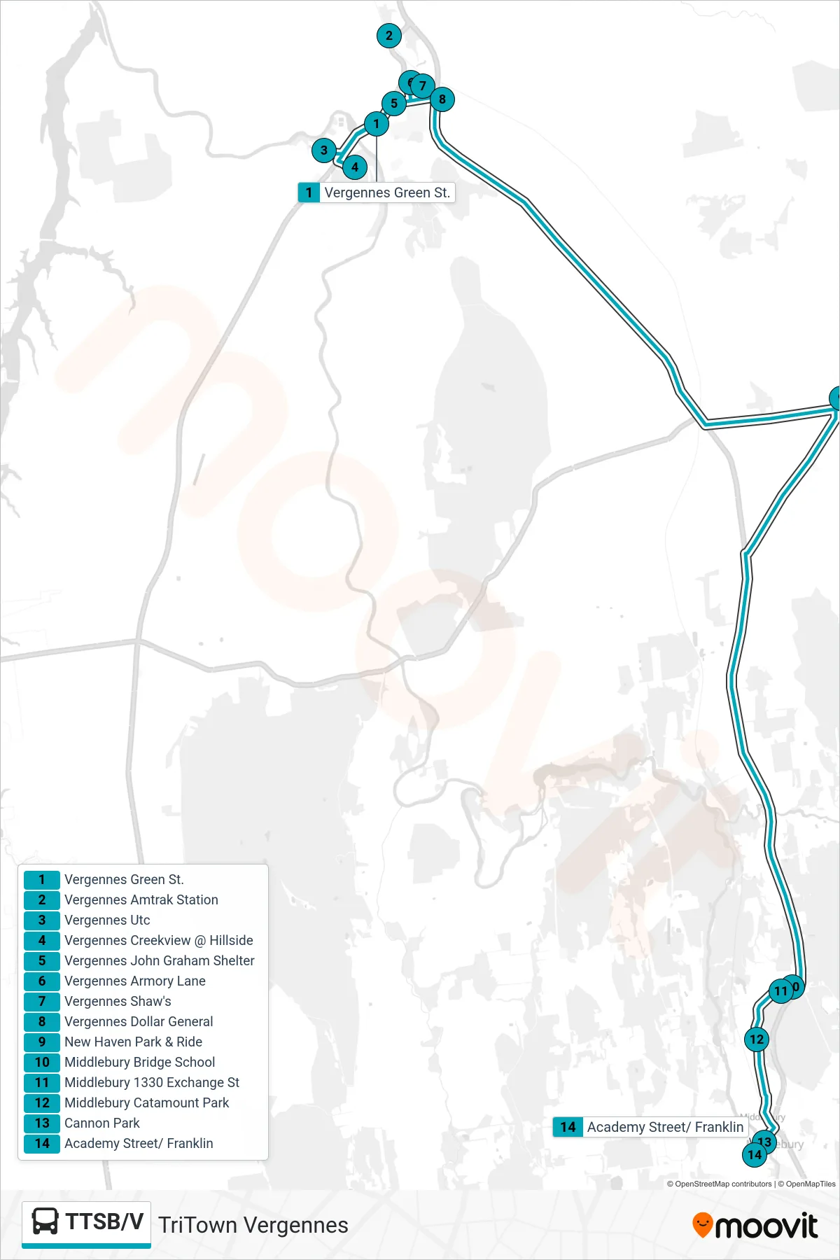 TTSB/V bus Line (Vergennes Green St.‎→Academy Street) route and stops on a map