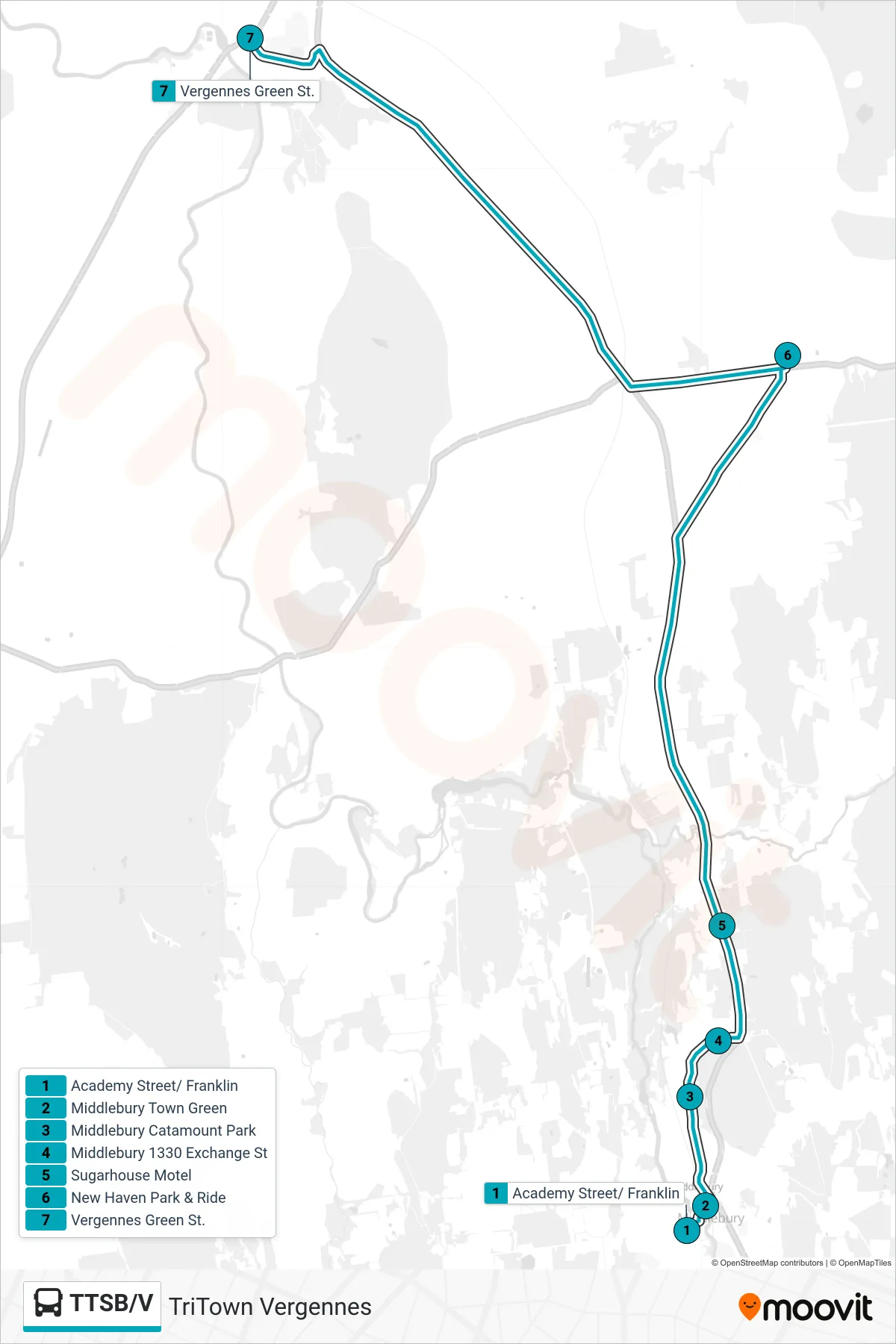 TTSB/V bus Line (Academy Street→Vergennes Green St.) route and stops on a map