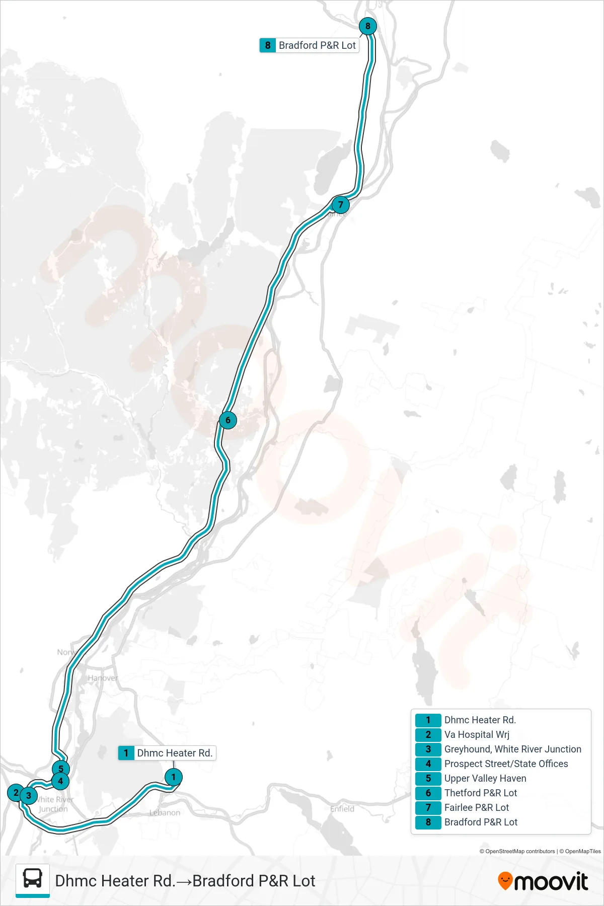 RIVER ROUTE bus Line (Dhmc Heater Rd.→Bradford P&R Lot) route and stops on a map