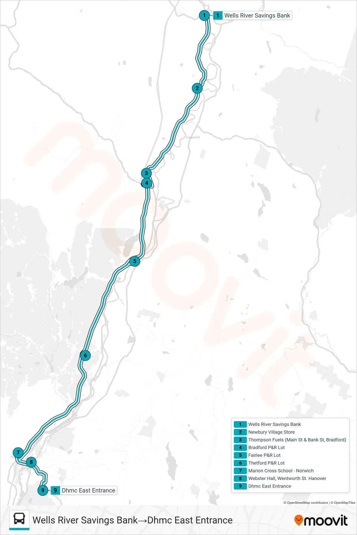 RIVER ROUTE bus Line (Wells River Savings Bank→Dhmc East Entrance) route and stops on a map