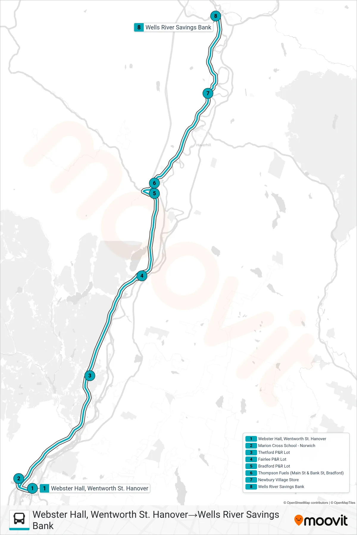 RIVER ROUTE bus Line (Webster Hall, Wentworth St. Hanover→Wells River Savings Bank) route and stops on a map