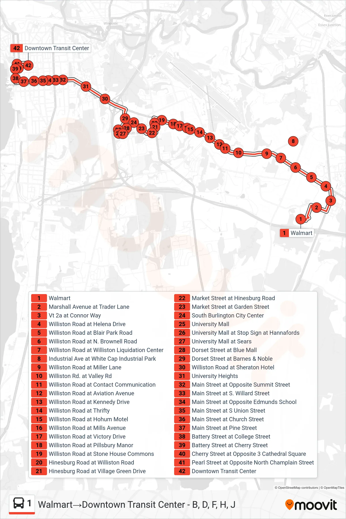 1 bus Line (Walmart→Downtown Transit Center - B, D, F, H, J) route and stops on a map