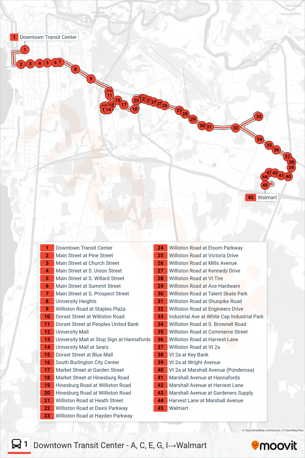1 bus Line (Downtown Transit Center - A, C, E, G, I→Walmart) route and stops on a map