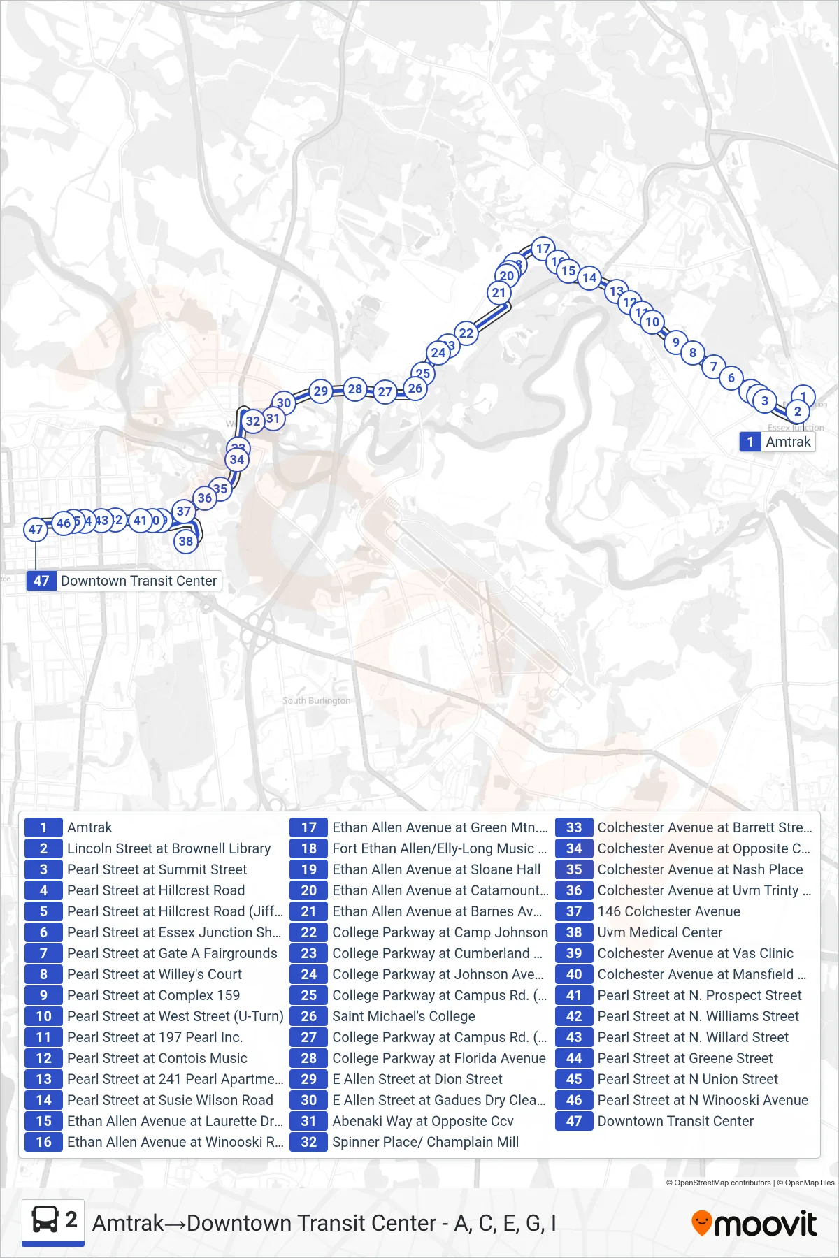 2 bus Line (Amtrak→Downtown Transit Center - A, C, E, G, I) route and stops on a map
