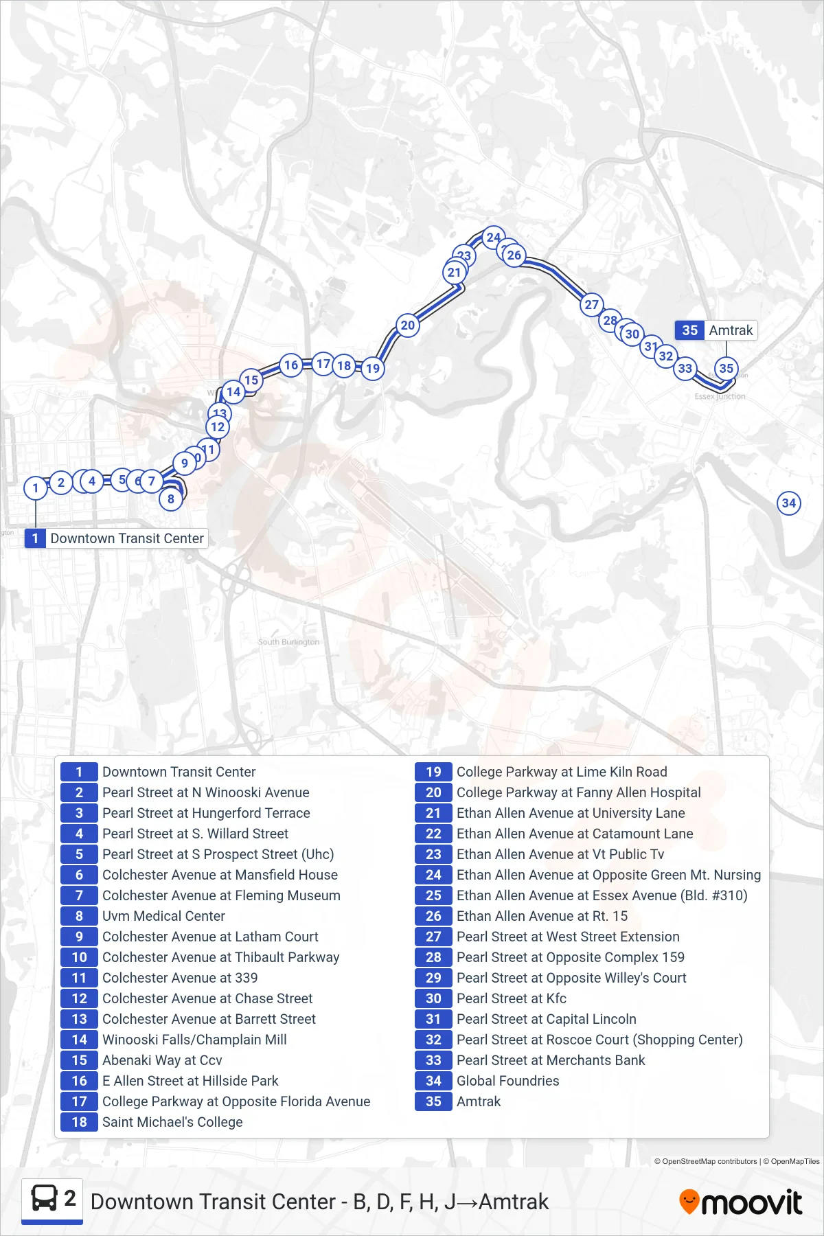 2 bus Line (Downtown Transit Center - B, D, F, H, J→Amtrak) route and stops on a map