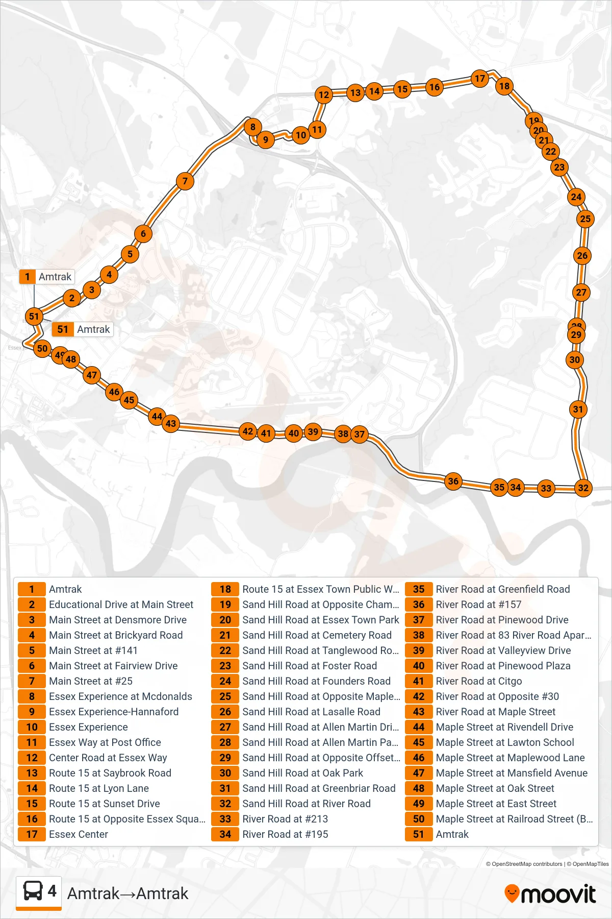 4 bus Line (Amtrak→Amtrak) route and stops on a map