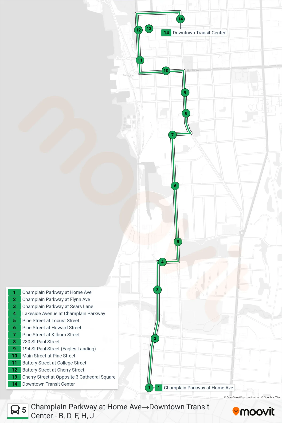 5 bus Line (Champlain Parkway at Home Ave→Downtown Transit Center - B, D, F, H, J) route and stops on a map