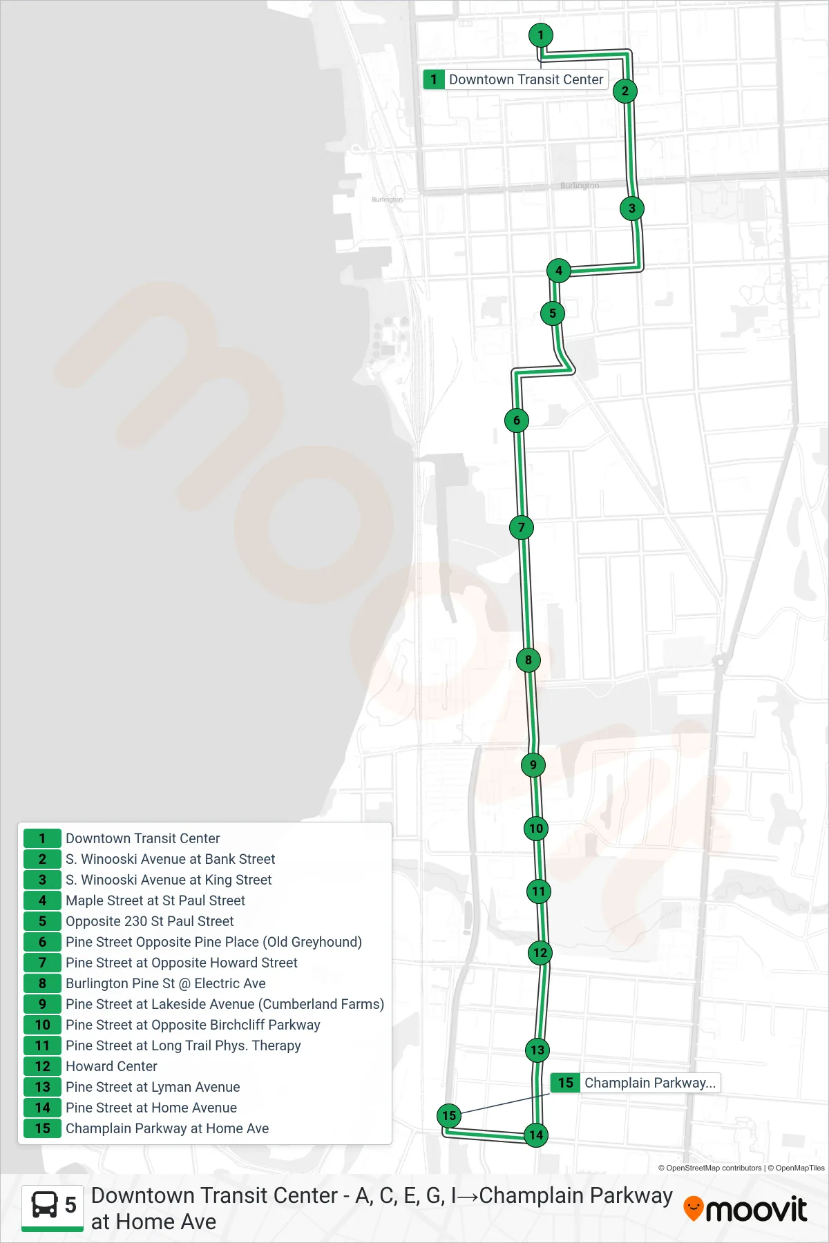 5 bus Line (Downtown Transit Center - A, C, E, G, I‎→Champlain Parkway at Home Ave) route and stops on a map