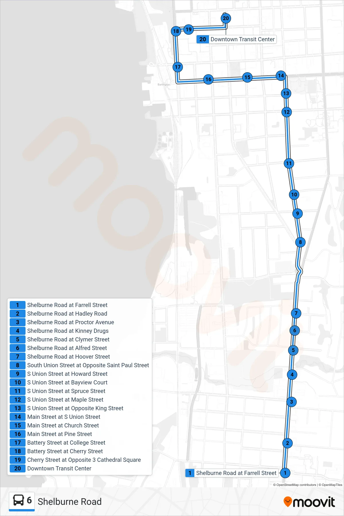 6 bus Line (Shelburne Road at Farrell Street→Downtown Transit Center - B, D, F, H, J) route and stops on a map