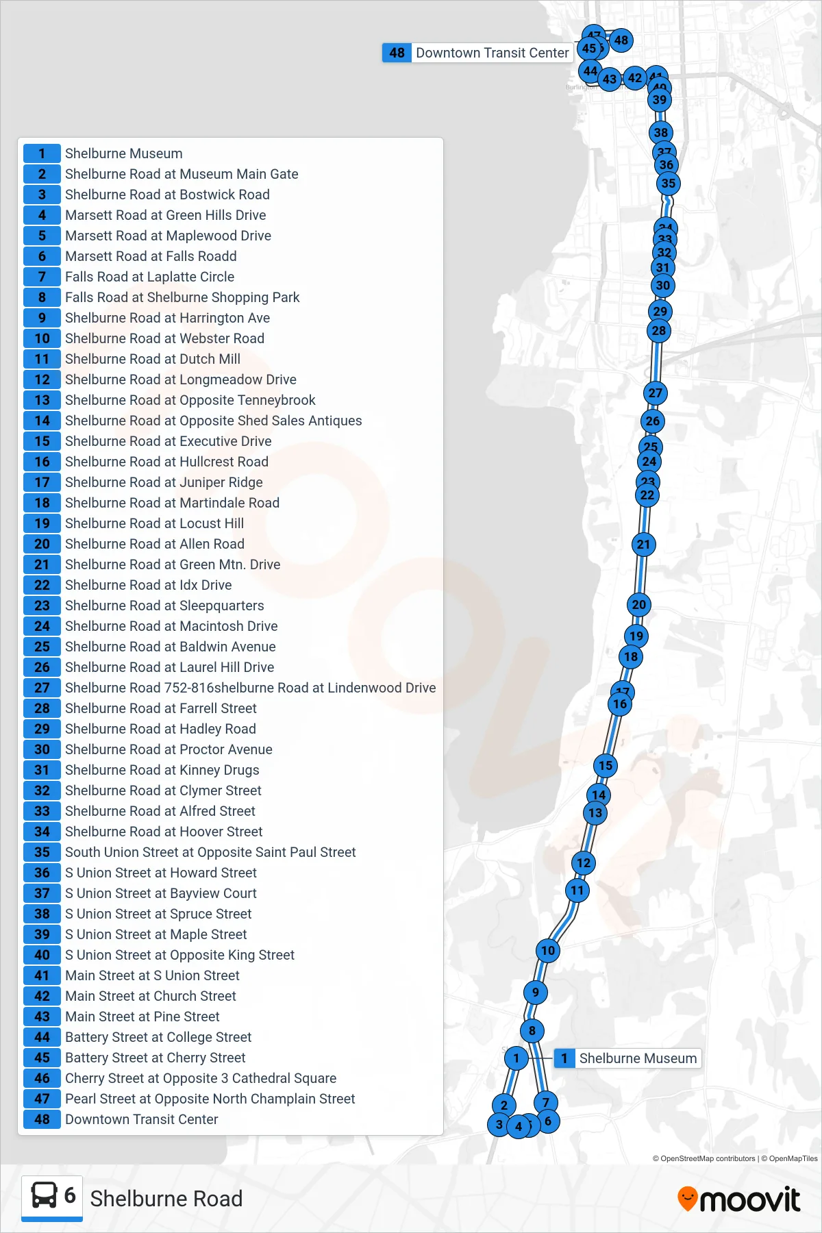 6 bus Line (Shelburne Museum→Downtown Transit Center - B, D, F, H, J) route and stops on a map