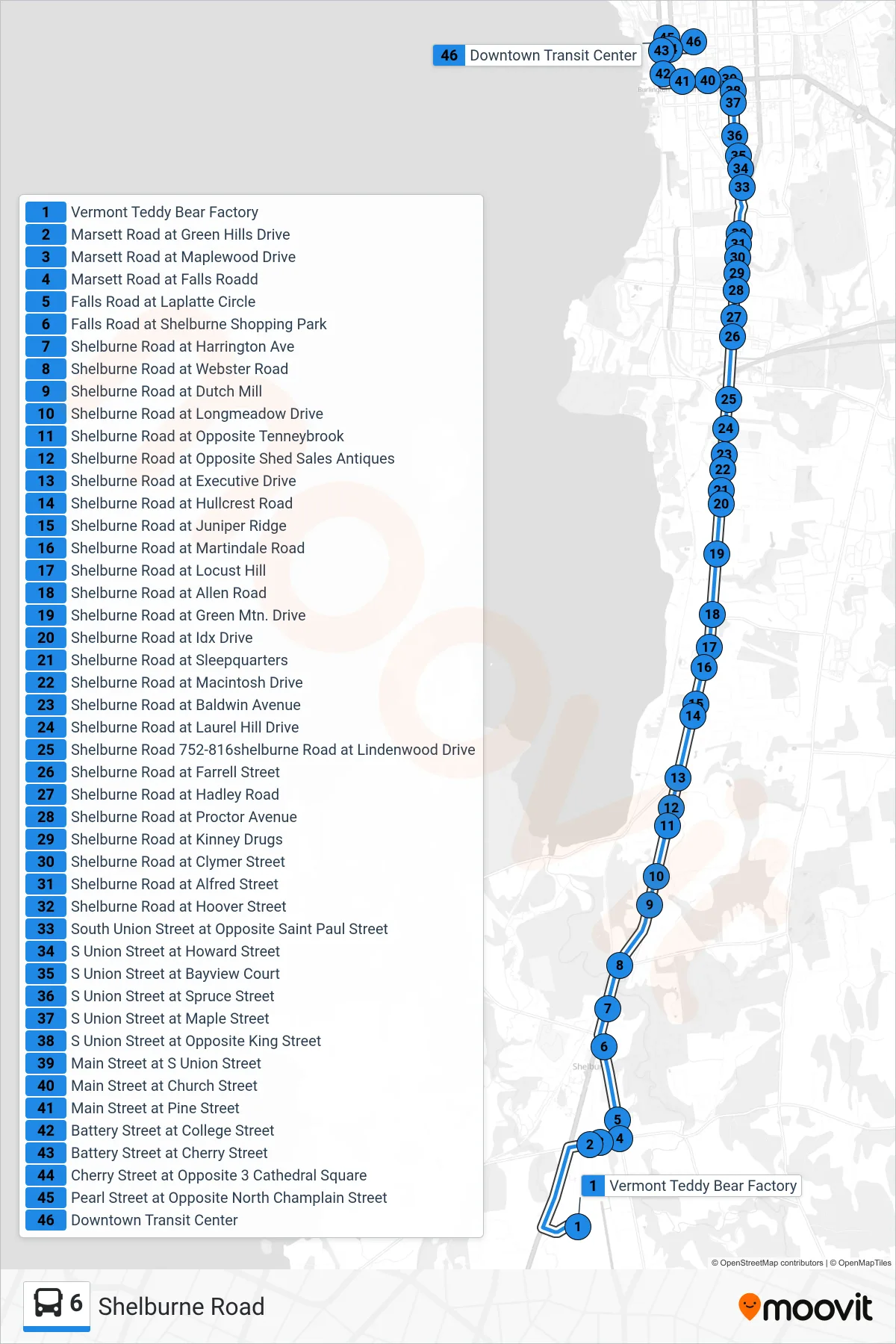 6 bus Line (Vermont Teddy Bear Factory→Downtown Transit Center - B, D, F, H, J) route and stops on a map