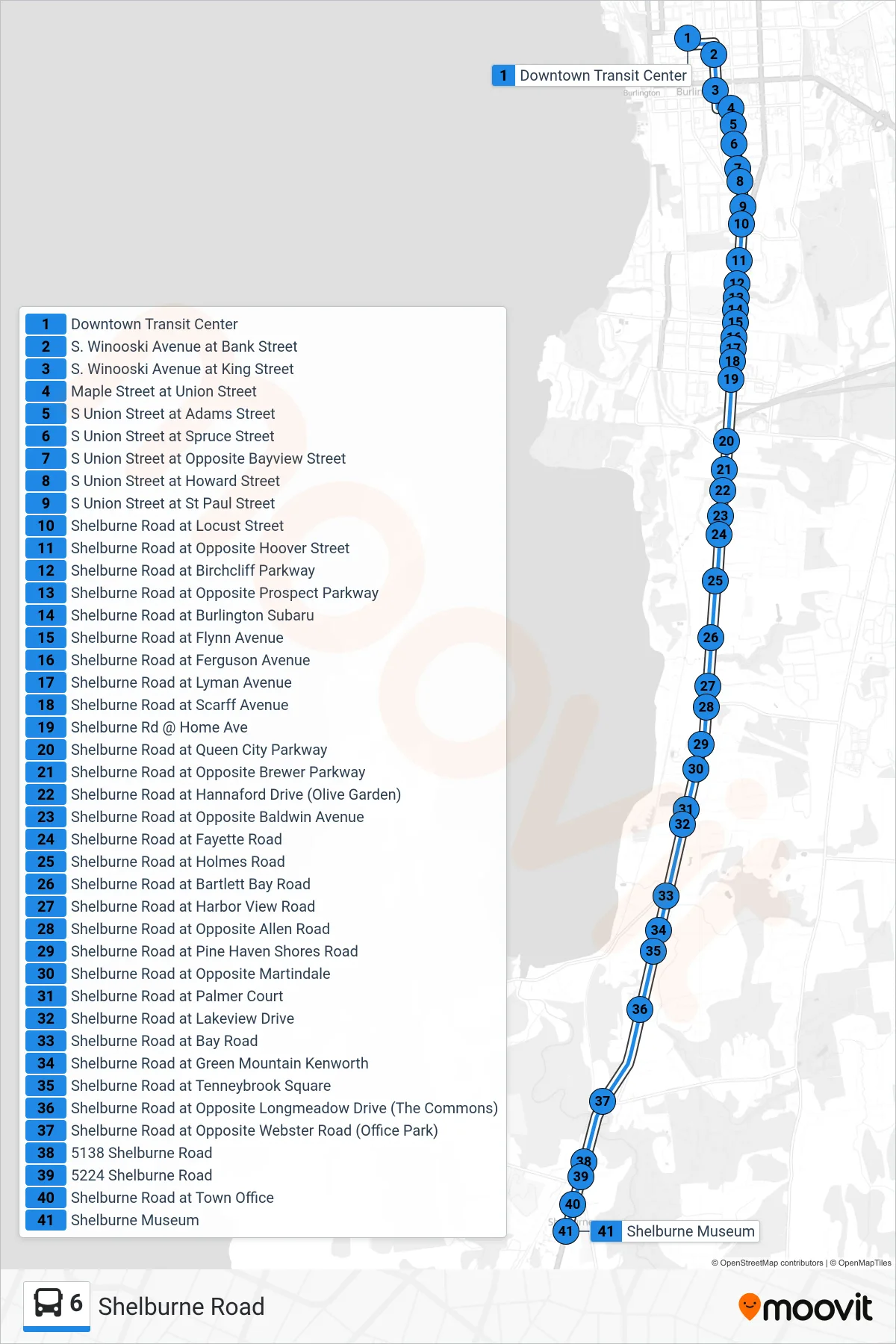 6 bus Line (Downtown Transit Center - A, C, E, G, I→Shelburne Museum) route and stops on a map