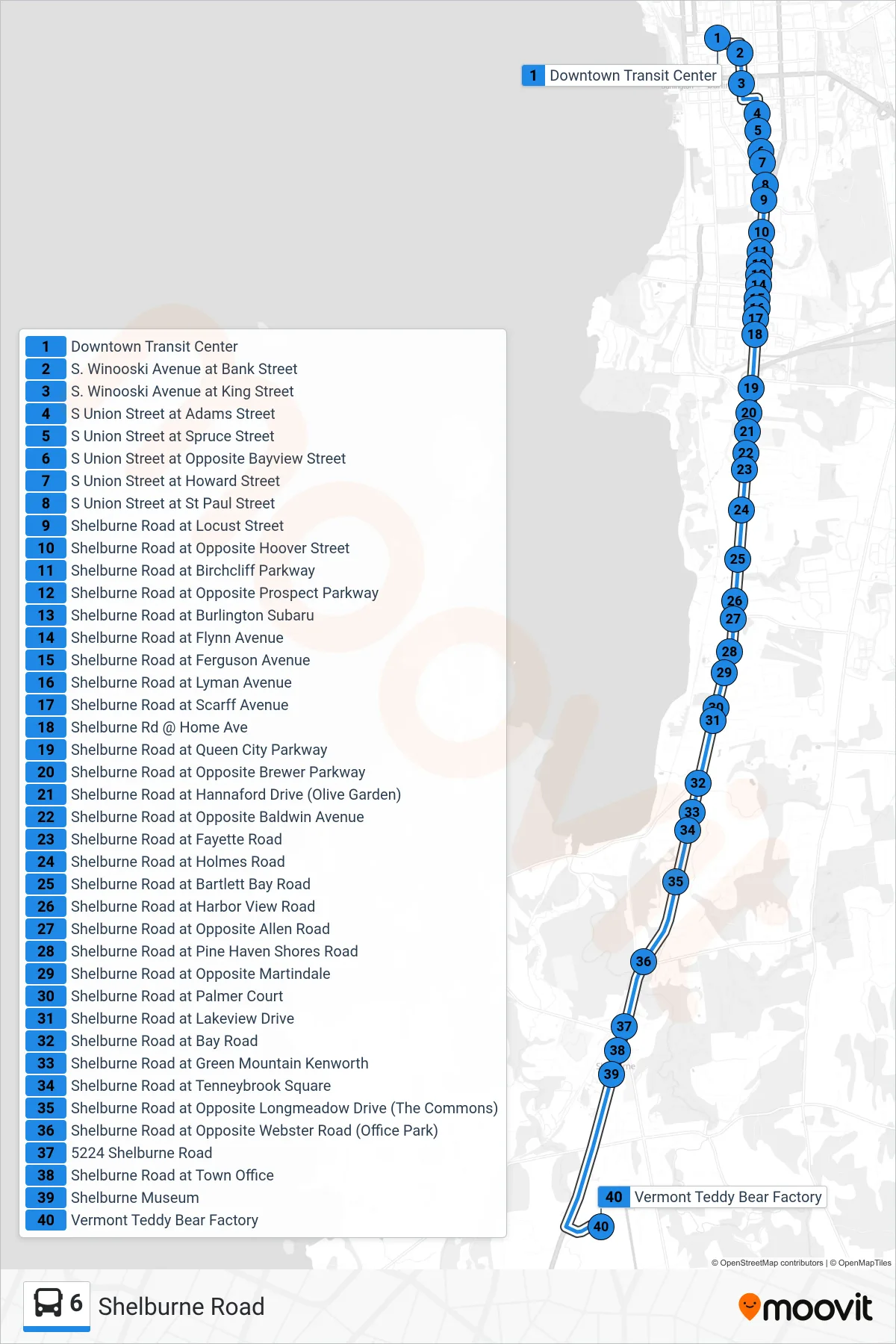 6 bus Line (Downtown Transit Center - A, C, E, G, I→Vermont Teddy Bear Factory) route and stops on a map