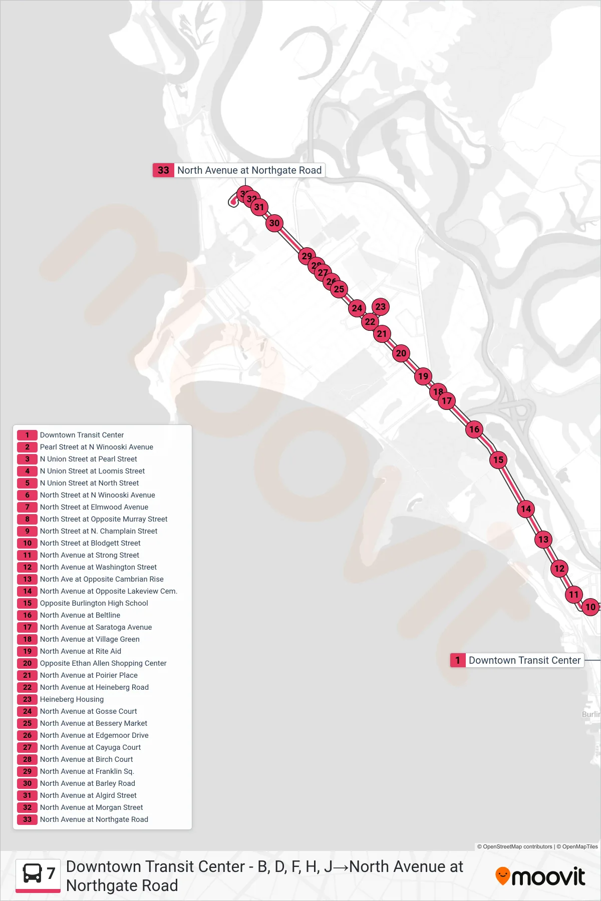 7 bus Line (Downtown Transit Center - B, D, F, H, J‎→North Avenue at Northgate Road) route and stops on a map