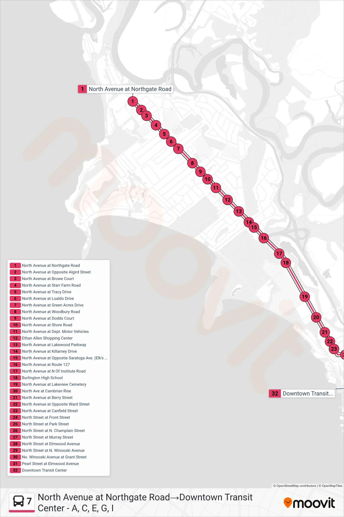 7 bus Line (North Avenue at Northgate Road→Downtown Transit Center - A, C, E, G, I) route and stops on a map