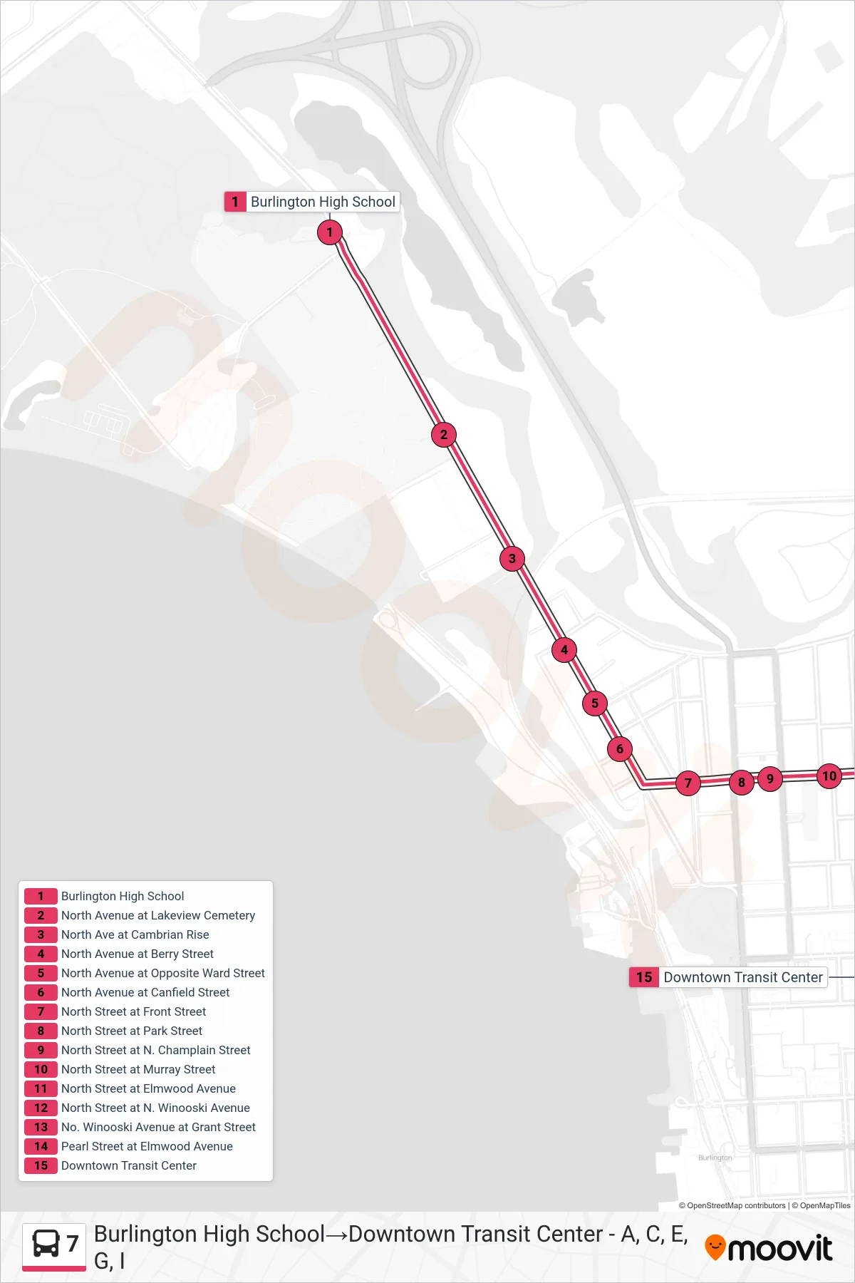 7 bus Line (Burlington High School‎→Downtown Transit Center - A, C, E, G, I) route and stops on a map