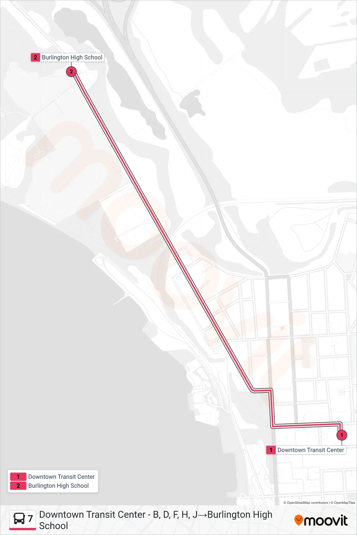 7 bus Line (Downtown Transit Center - B, D, F, H, J→Burlington High School) route and stops on a map