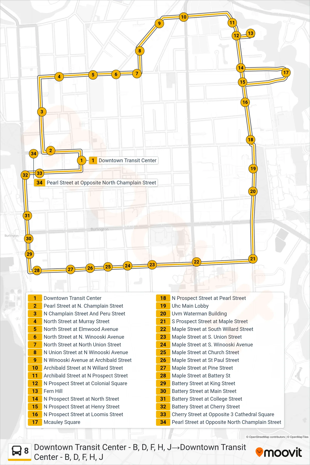 8 bus Line (Downtown Transit Center - B, D, F, H, J‎→Downtown Transit Center - B, D, F, H, J) route and stops on a map