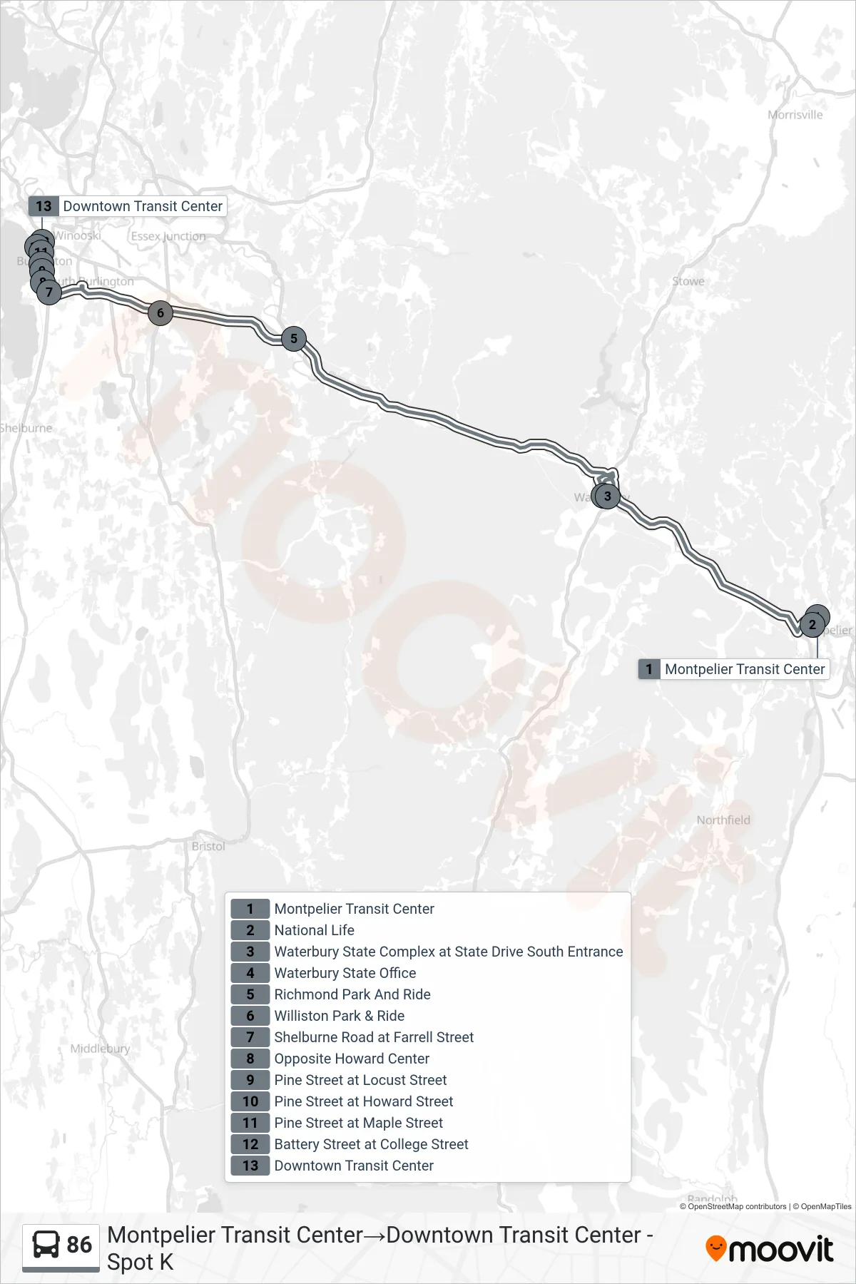 86 bus Line (Montpelier Transit Center‎→Downtown Transit Center - Spot K) route and stops on a map